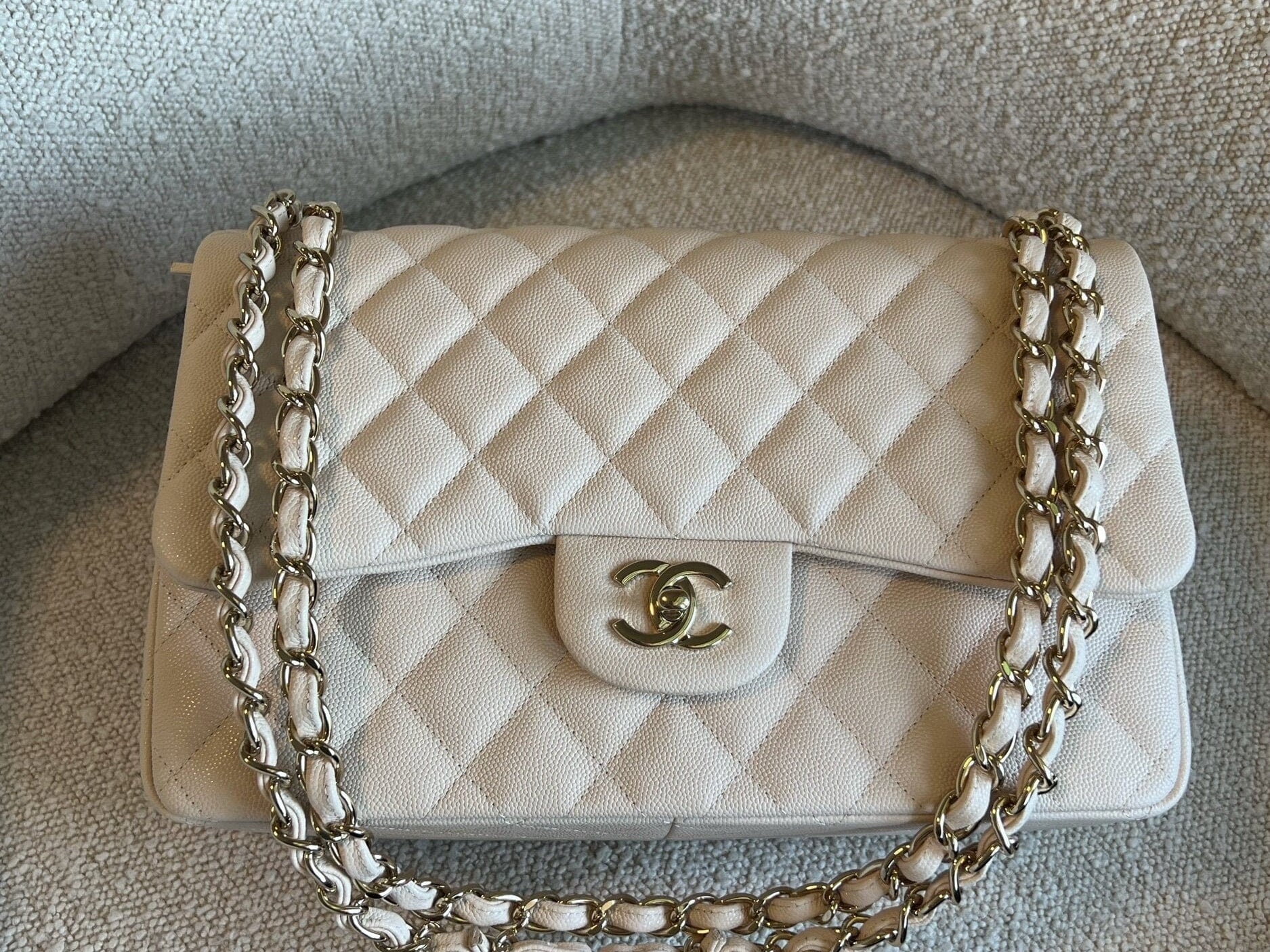CHANEL Handbag 20C Light Beige Caviar Quilted Jumbo Classic Flap LGHW - Redeluxe