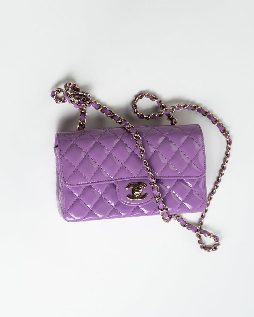 CHANEL Handbag 20C Purple Patent Quilted Mini Rectangular Flap LGHW - Redeluxe