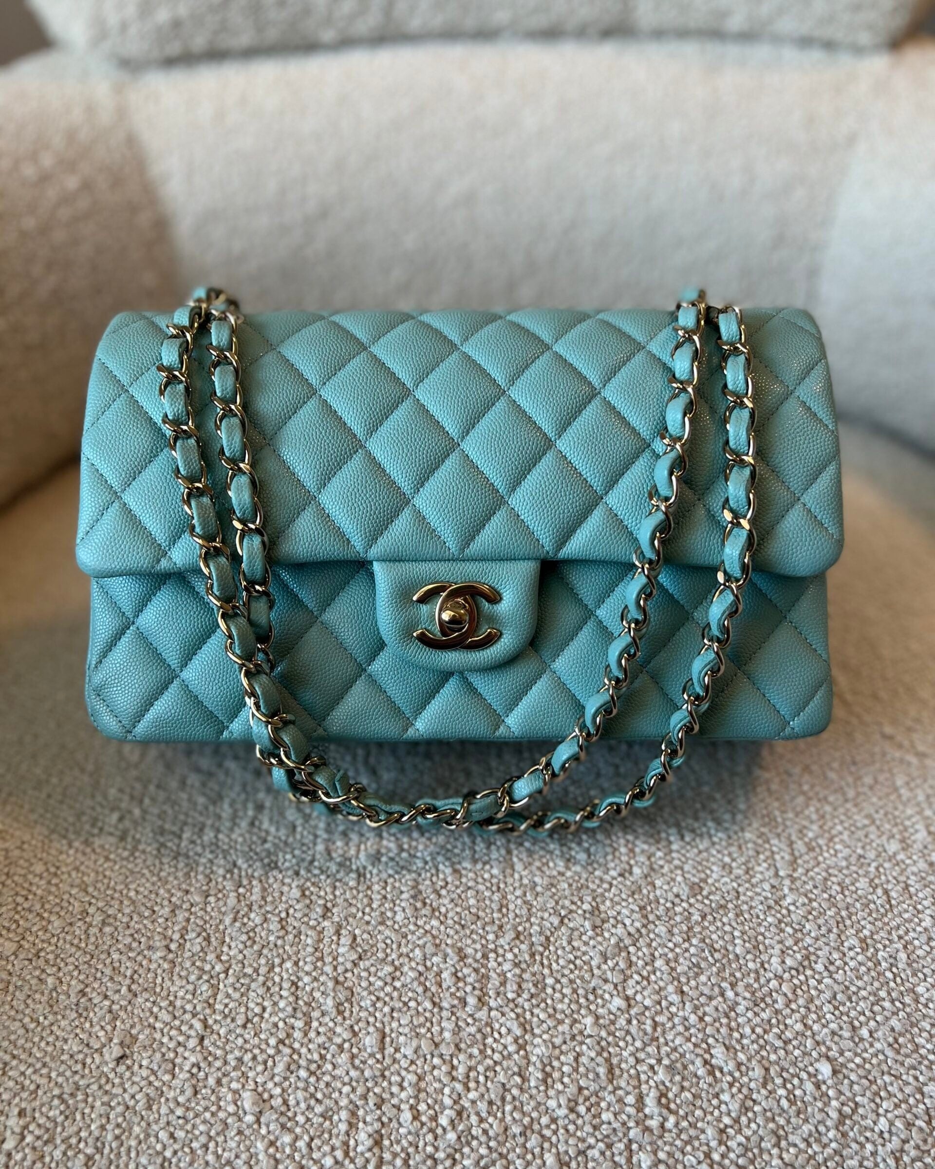 CHANEL Handbag 20C Tiffany Blue Caviar Quilted Classic Double Flap Medium Light Gold Hardware - Redeluxe