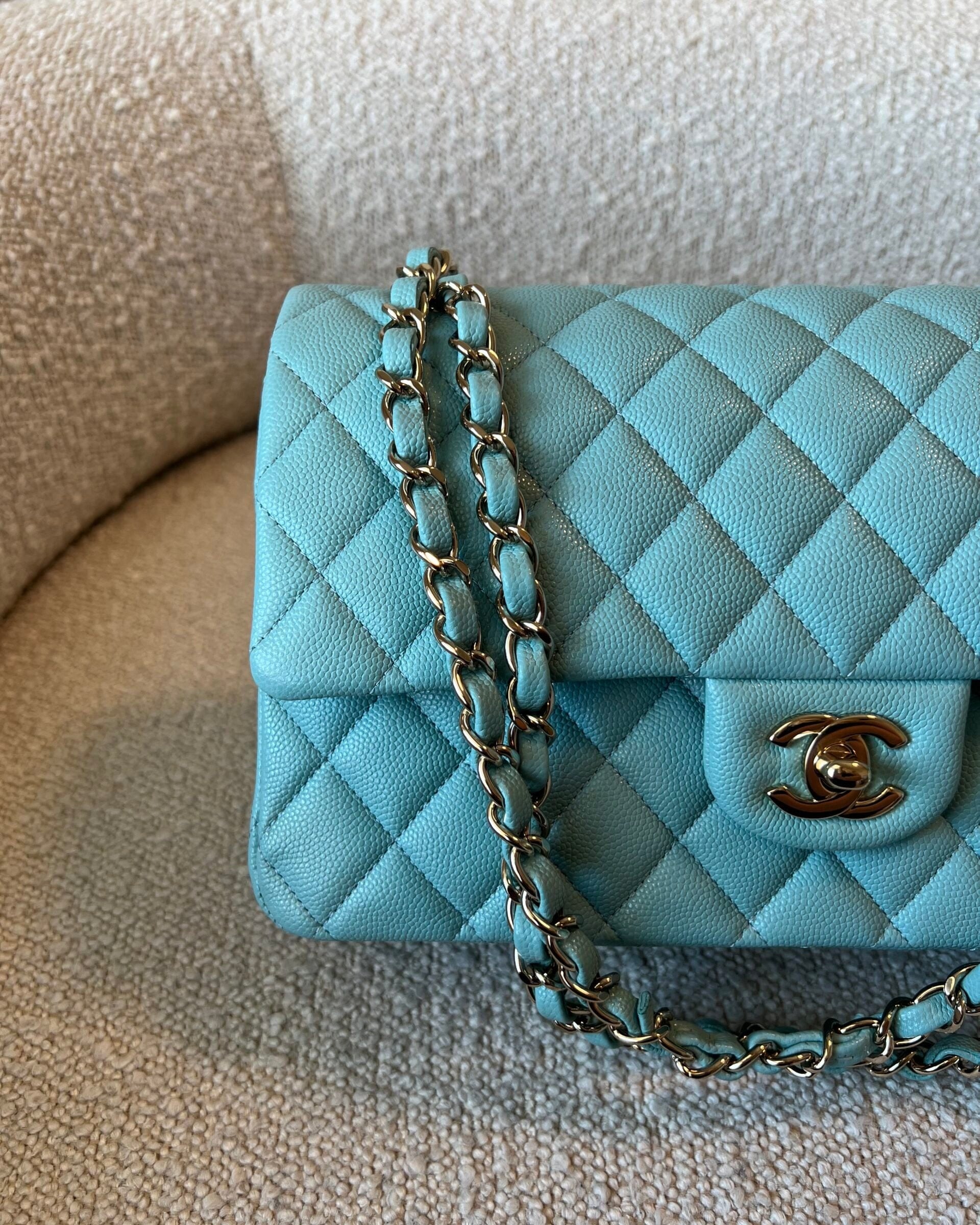 CHANEL Handbag 20C Tiffany Blue Caviar Quilted Classic Double Flap Medium Light Gold Hardware - Redeluxe