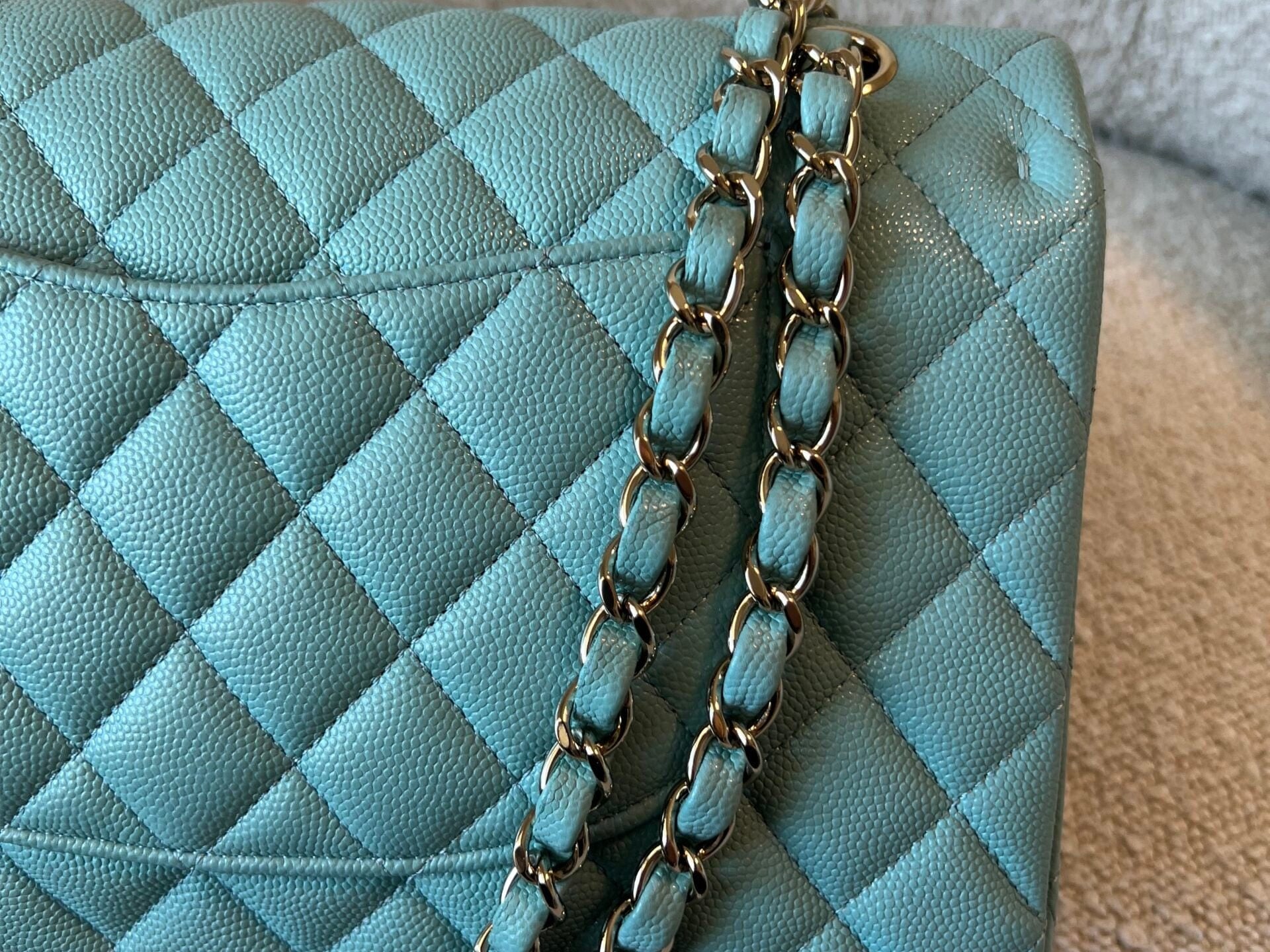 CHANEL Handbag 20C Tiffany Blue Caviar Quilted Classic Double Flap Medium Light Gold Hardware - Redeluxe