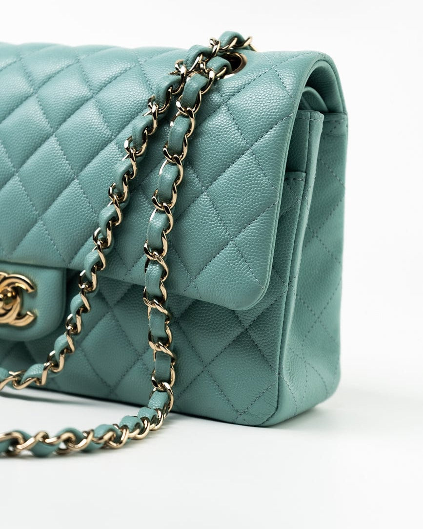 CHANEL Handbag 20C Tiffany Blue Caviar Quilted Classic Flap Medium Light Gold Hardware - Redeluxe