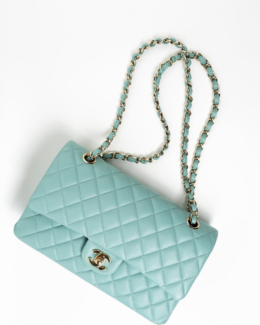 CHANEL Handbag 20C Tiffany Blue Caviar Quilted Classic Flap Medium Light Gold Hardware - Redeluxe