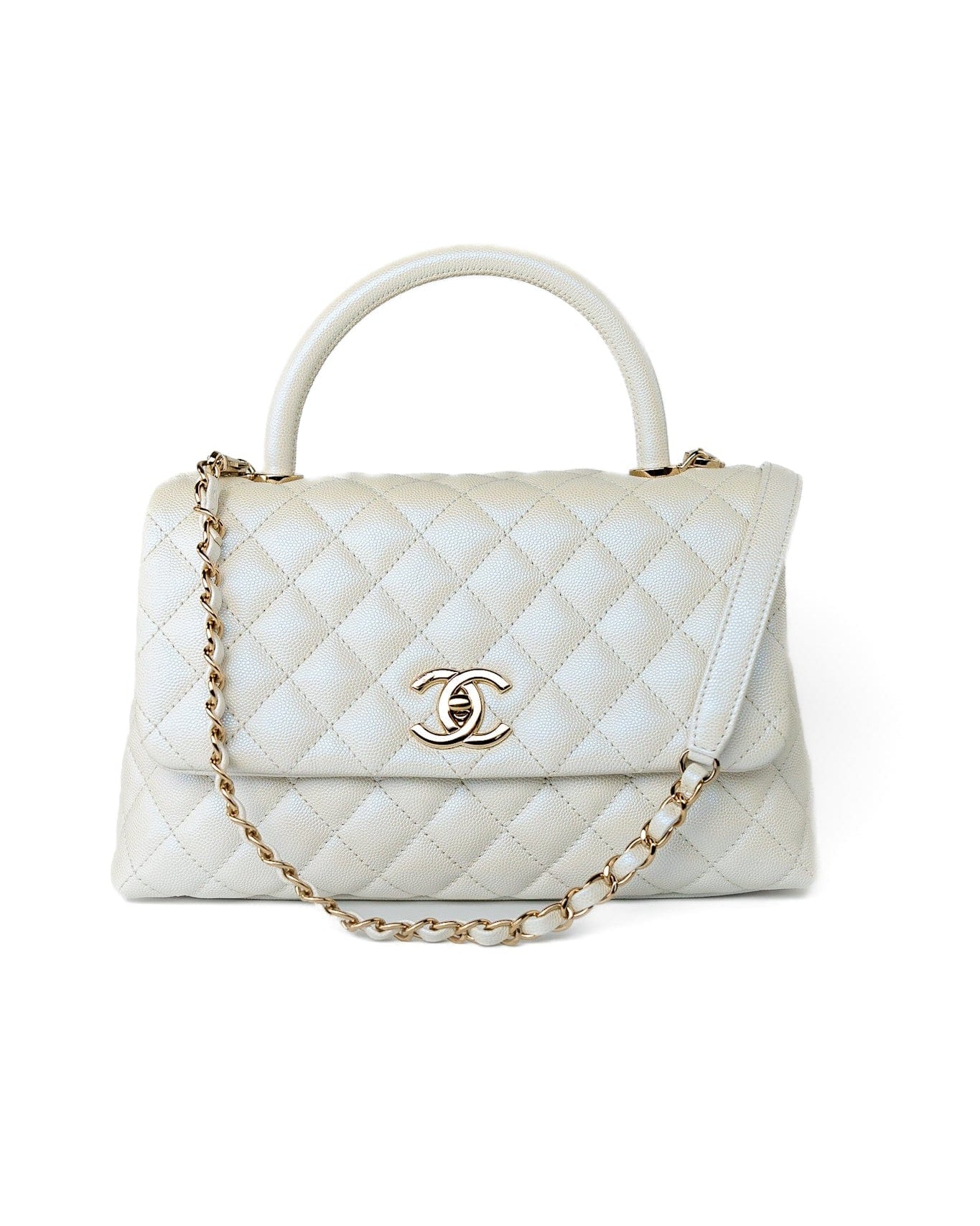 CHANEL Handbag 20K Iridescent White Caviar Quilted Coco Handle Medium Light Gold Hardware - Redeluxe