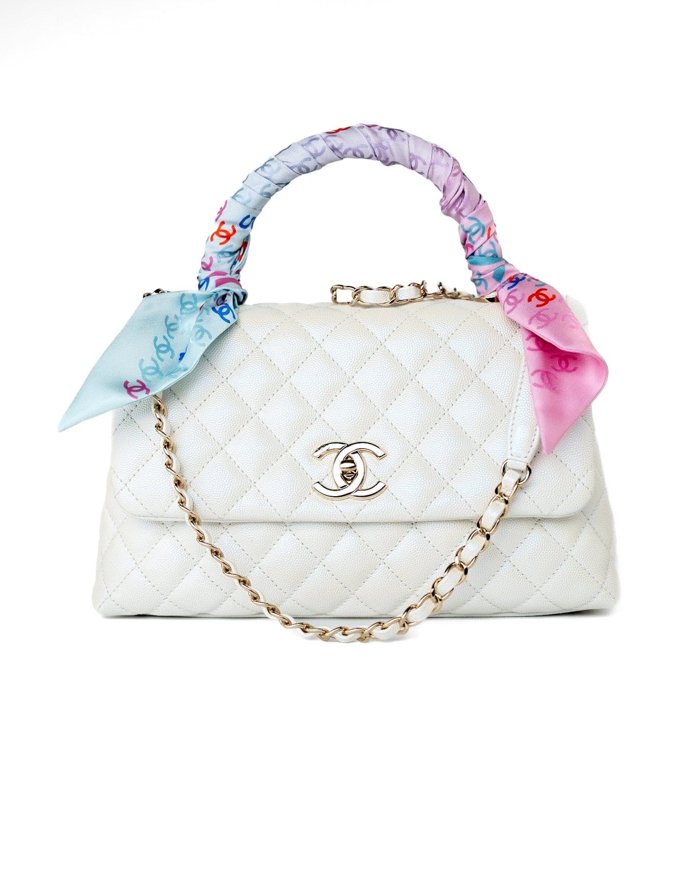 CHANEL Handbag 20K Iridescent White Caviar Quilted Coco Handle Medium Light Gold Hardware - Redeluxe