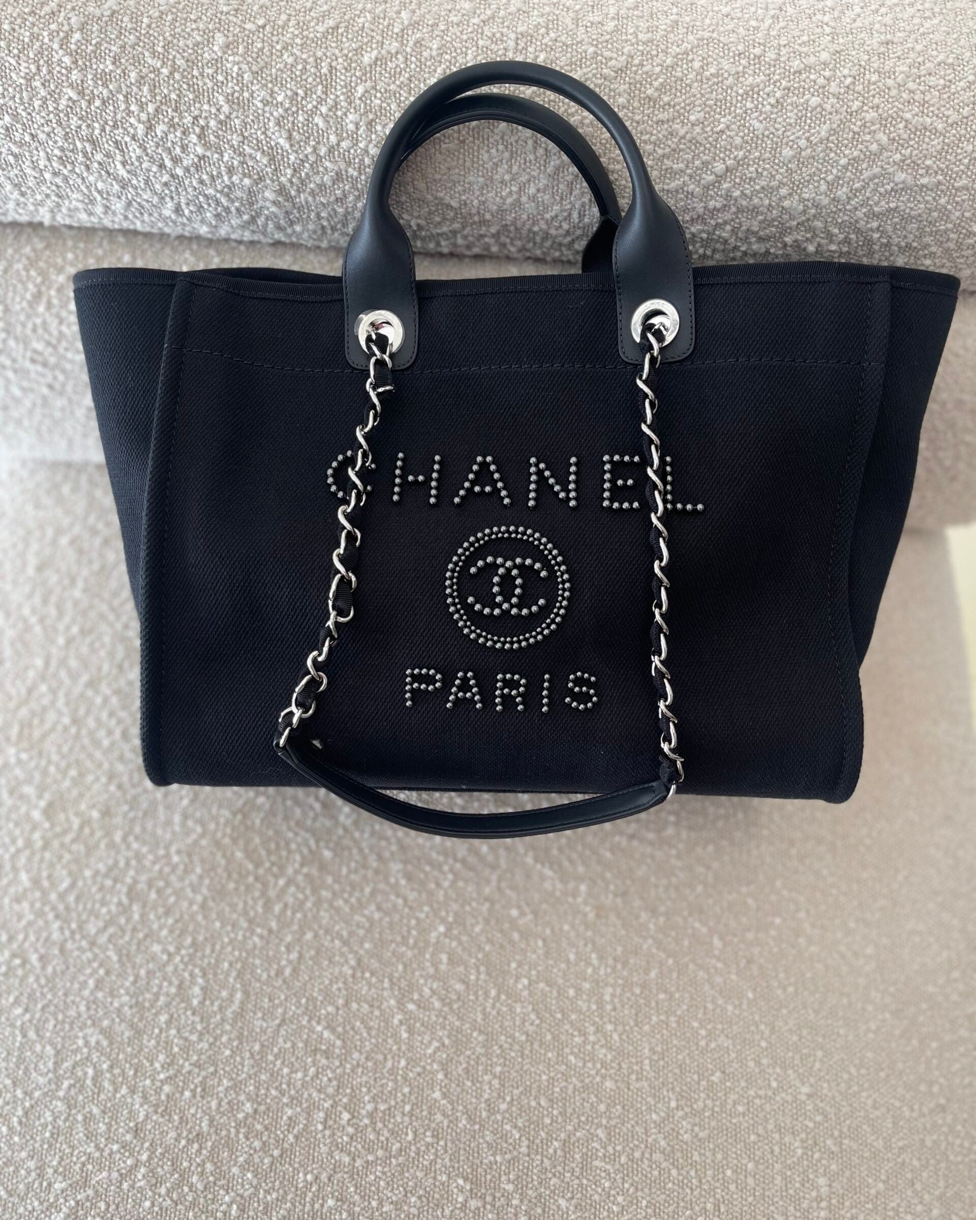 CHANEL Handbag 20S Black Large Deauville Shopping Bag Silver Hardware - Redeluxe