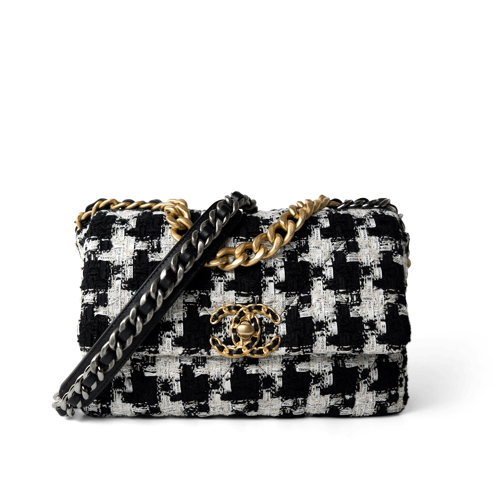 CHANEL Handbag 20S Black / White Ribbon Tweed 19 Flap Mixed Hardware Small - Redeluxe