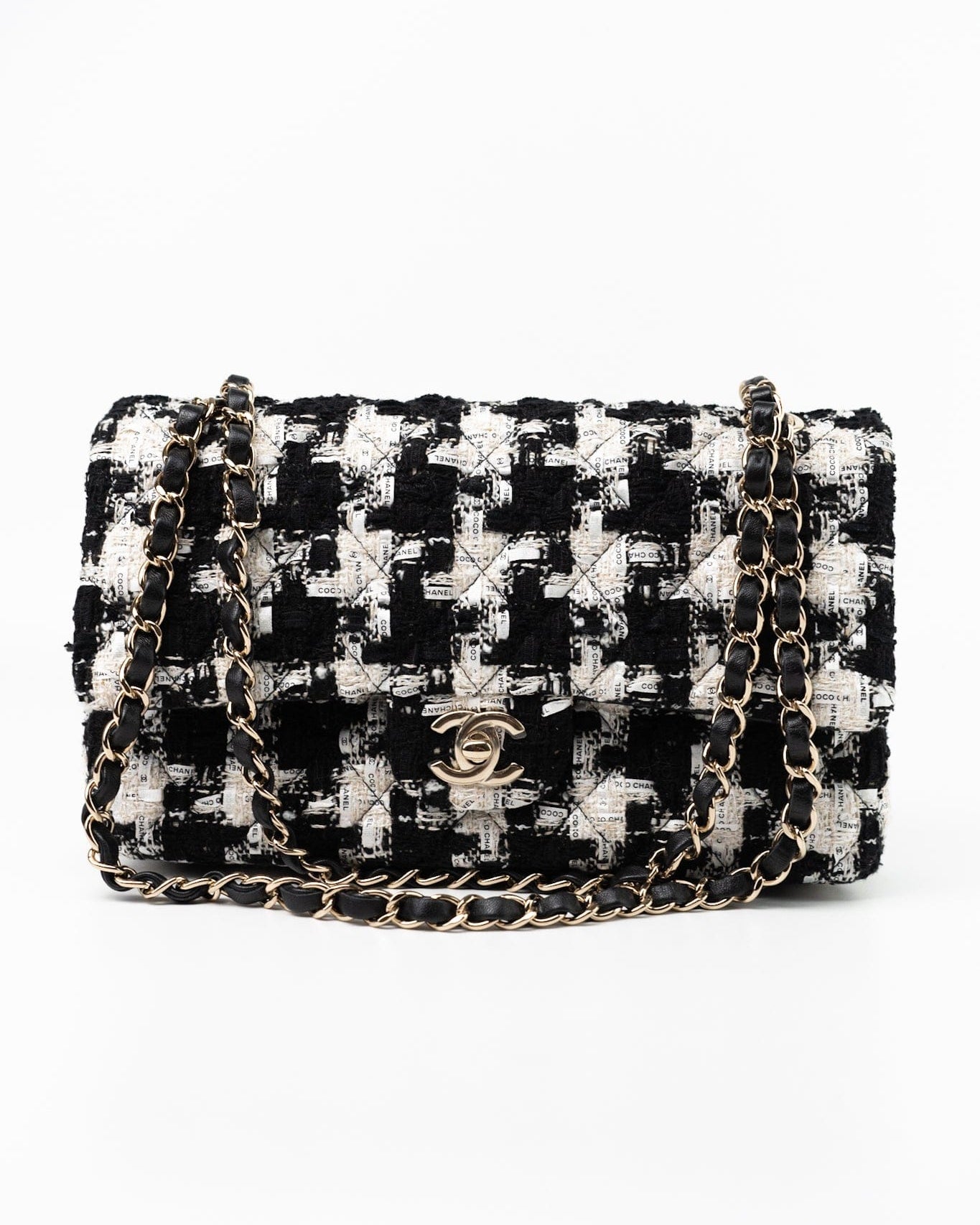 CHANEL Handbag 20S Ecru Black & White Tweed Quilted Medium Classic Flap LGHW - Redeluxe