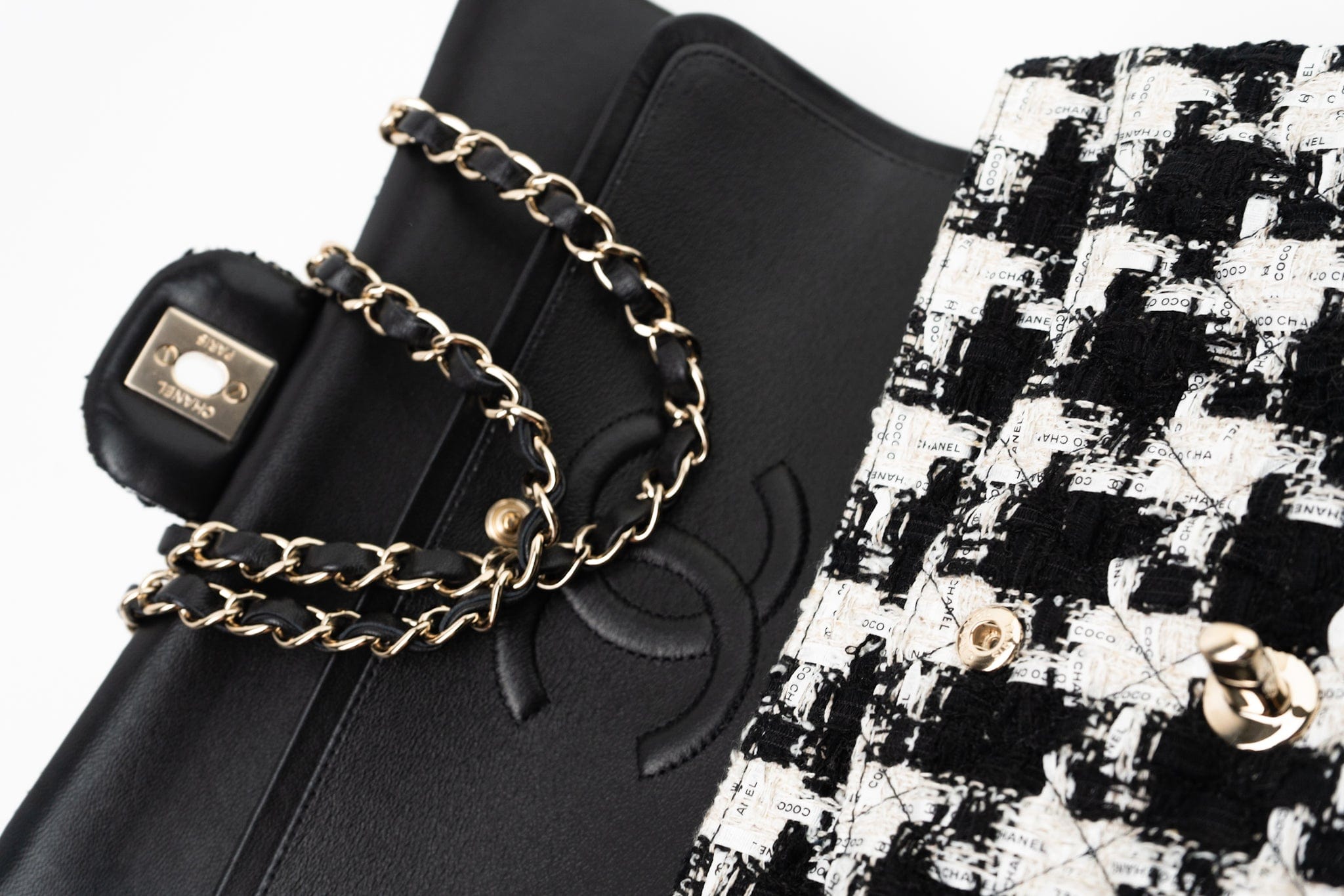 CHANEL Handbag 20S Ecru Black & White Tweed Quilted Medium Classic Flap LGHW - Redeluxe