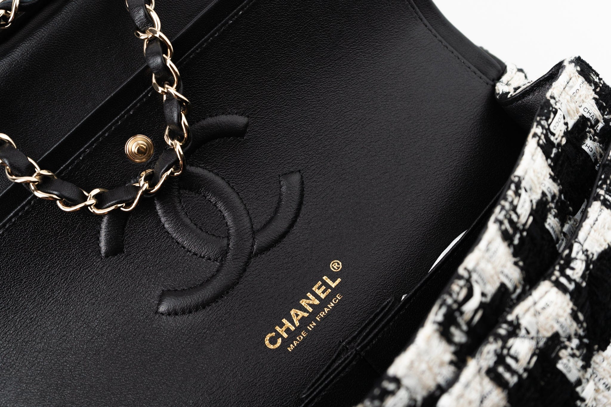 CHANEL Handbag 20S Ecru Black & White Tweed Quilted Medium Classic Flap LGHW - Redeluxe