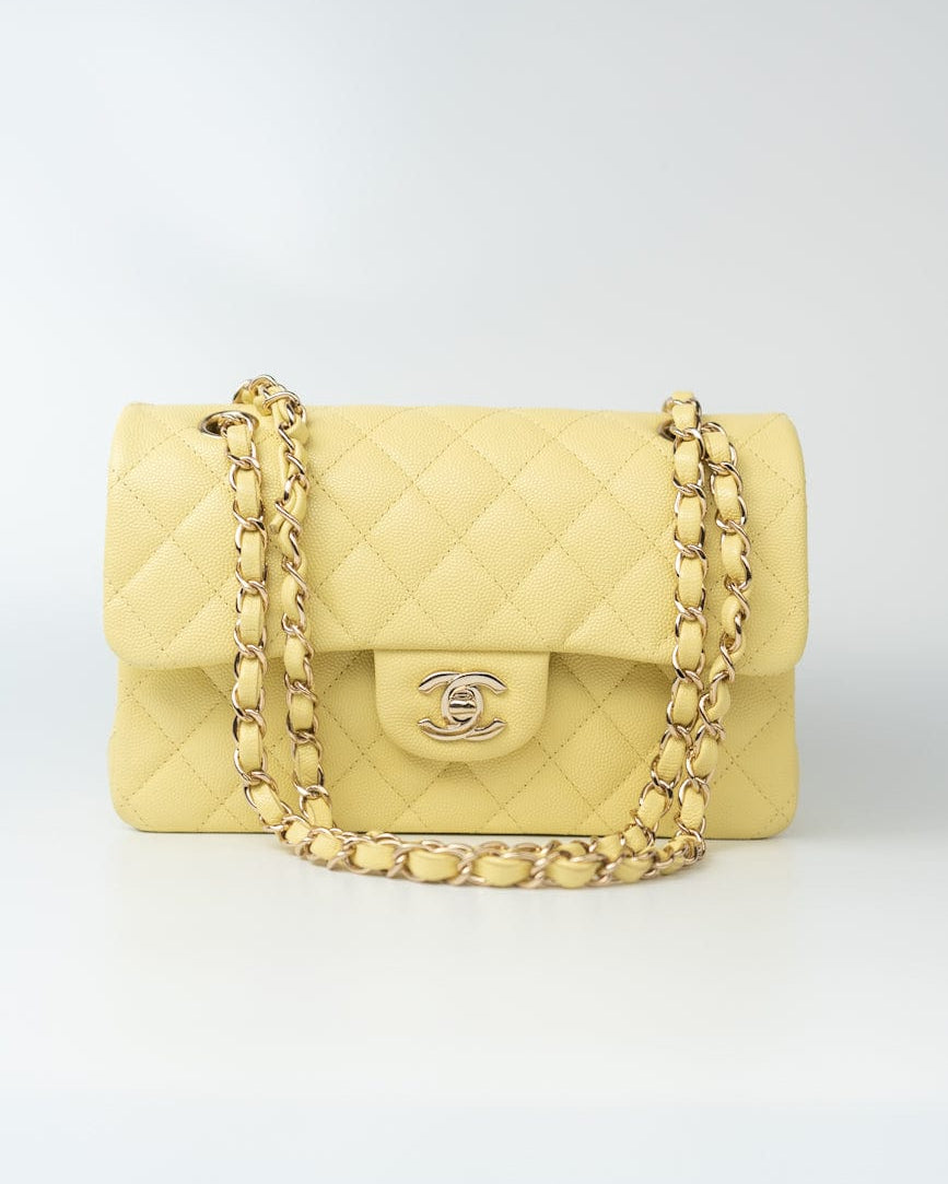 CHANEL Handbag 20S Yellow Caviar Quilted Classic Flap Small Light Gold Hardware - Redeluxe