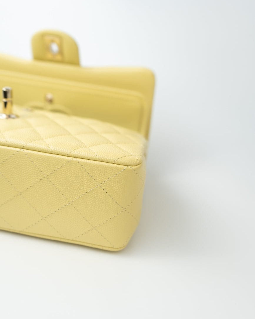 CHANEL Handbag 20S Yellow Caviar Quilted Classic Flap Small Light Gold Hardware - Redeluxe