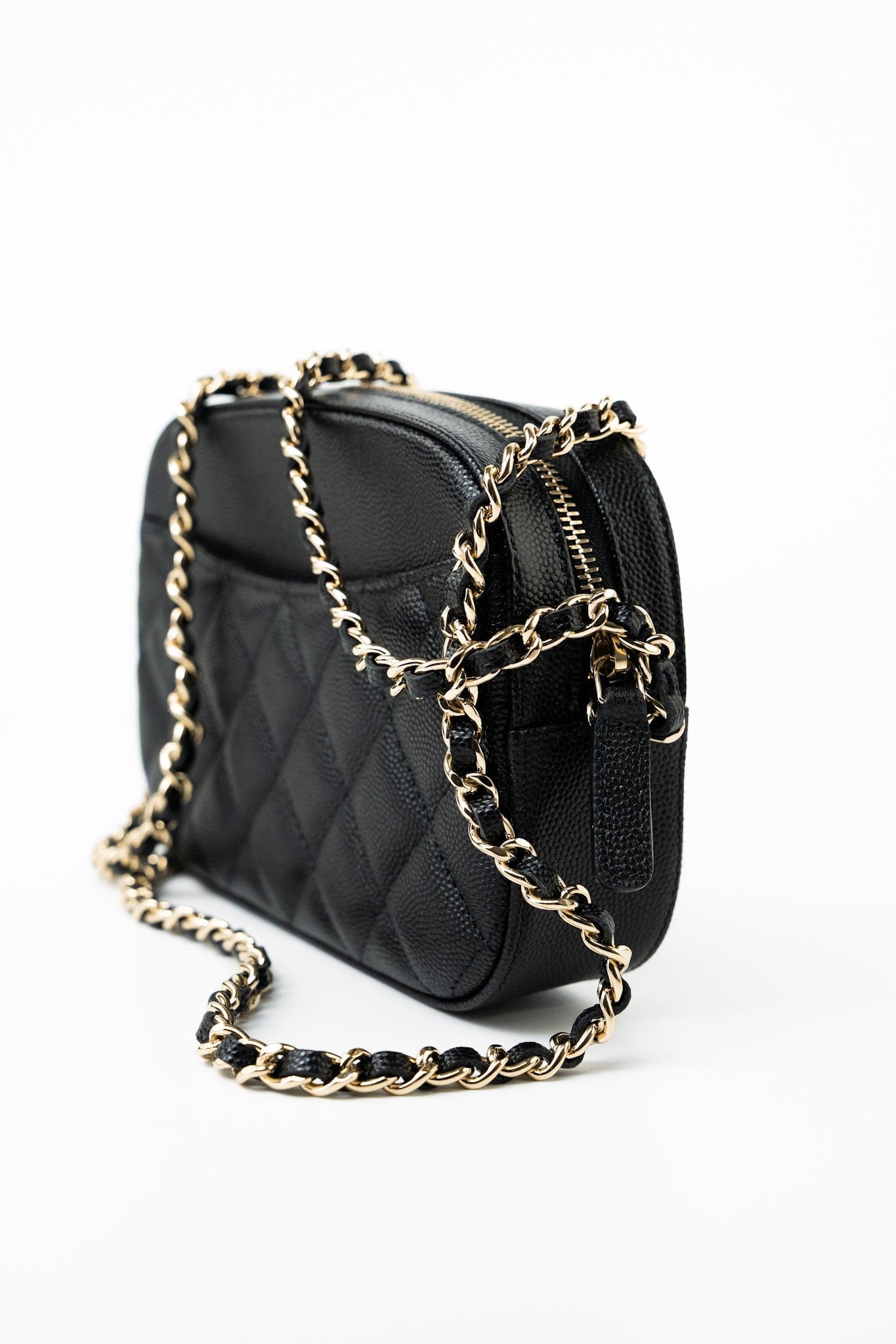 21A Black Caviar Quilted Camera Case Gold Hardware REDELUXE