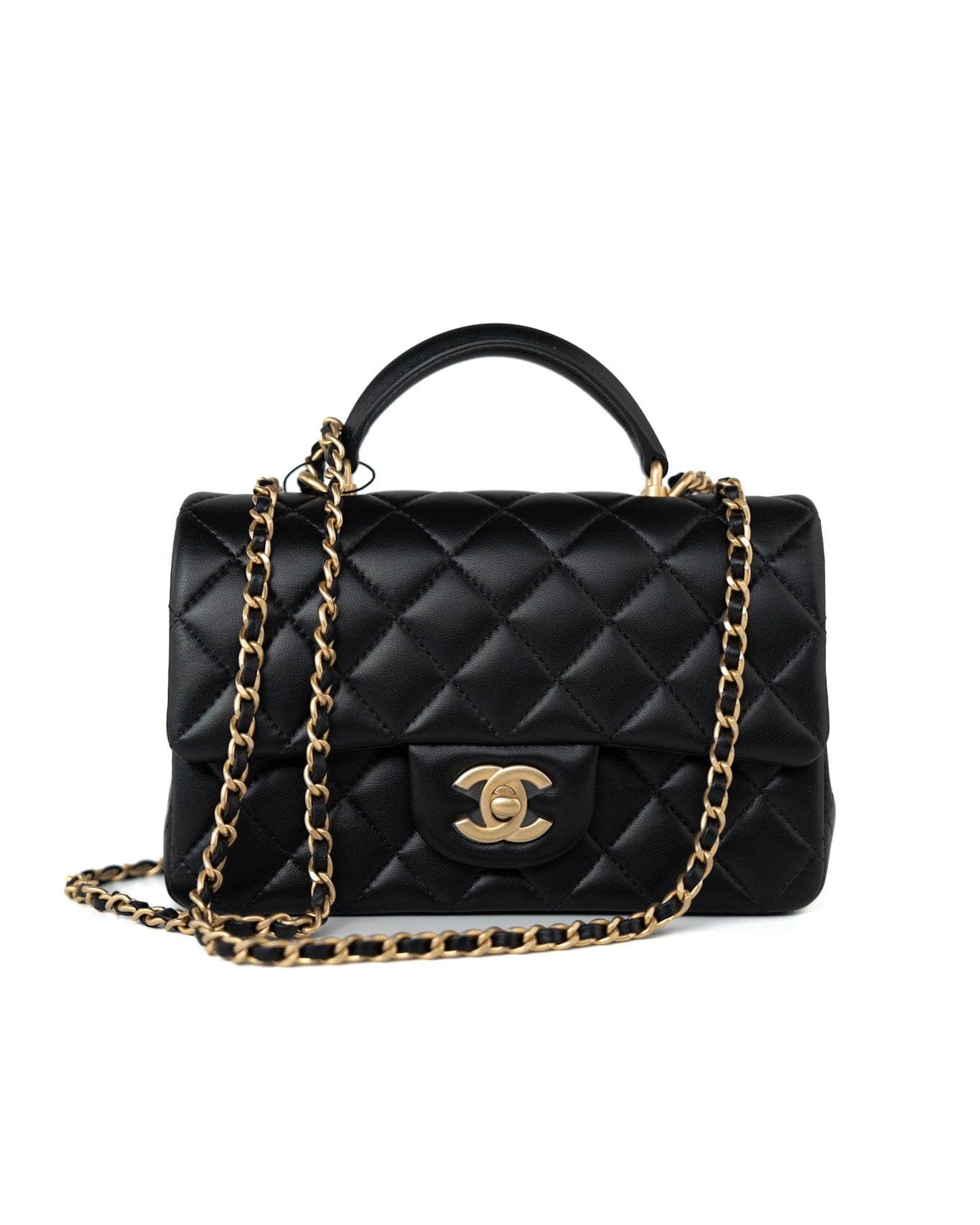 CHANEL Handbag 21A Black Lambskin Quilted Mini Top Handle Antique Gold Hardware - Redeluxe