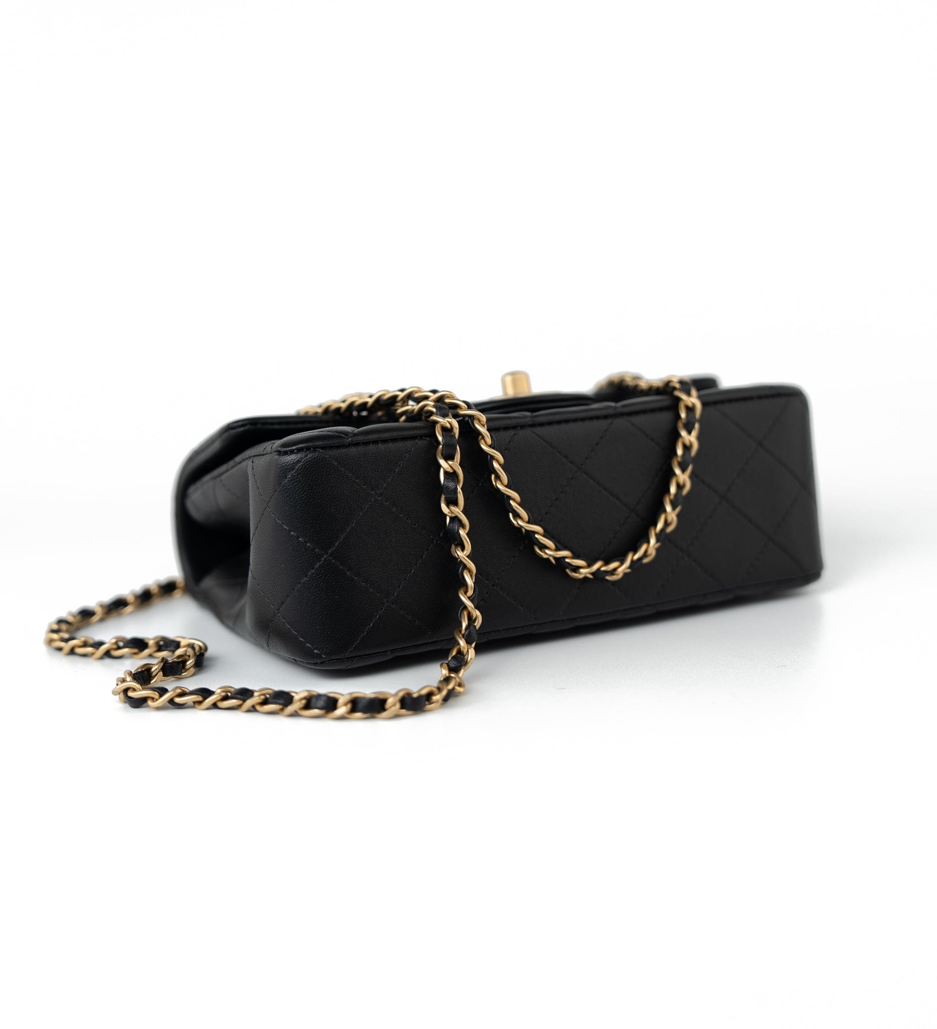 CHANEL Handbag 21A Black Lambskin Quilted Mini Top Handle Antique Gold Hardware - Redeluxe