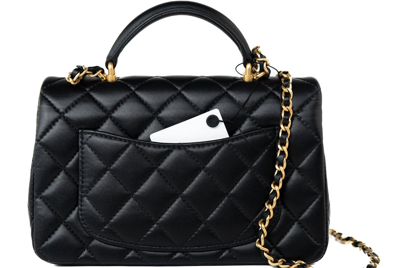CHANEL Handbag 21A Black Lambskin Quilted Mini Top Handle Antique Gold Hardware - Redeluxe