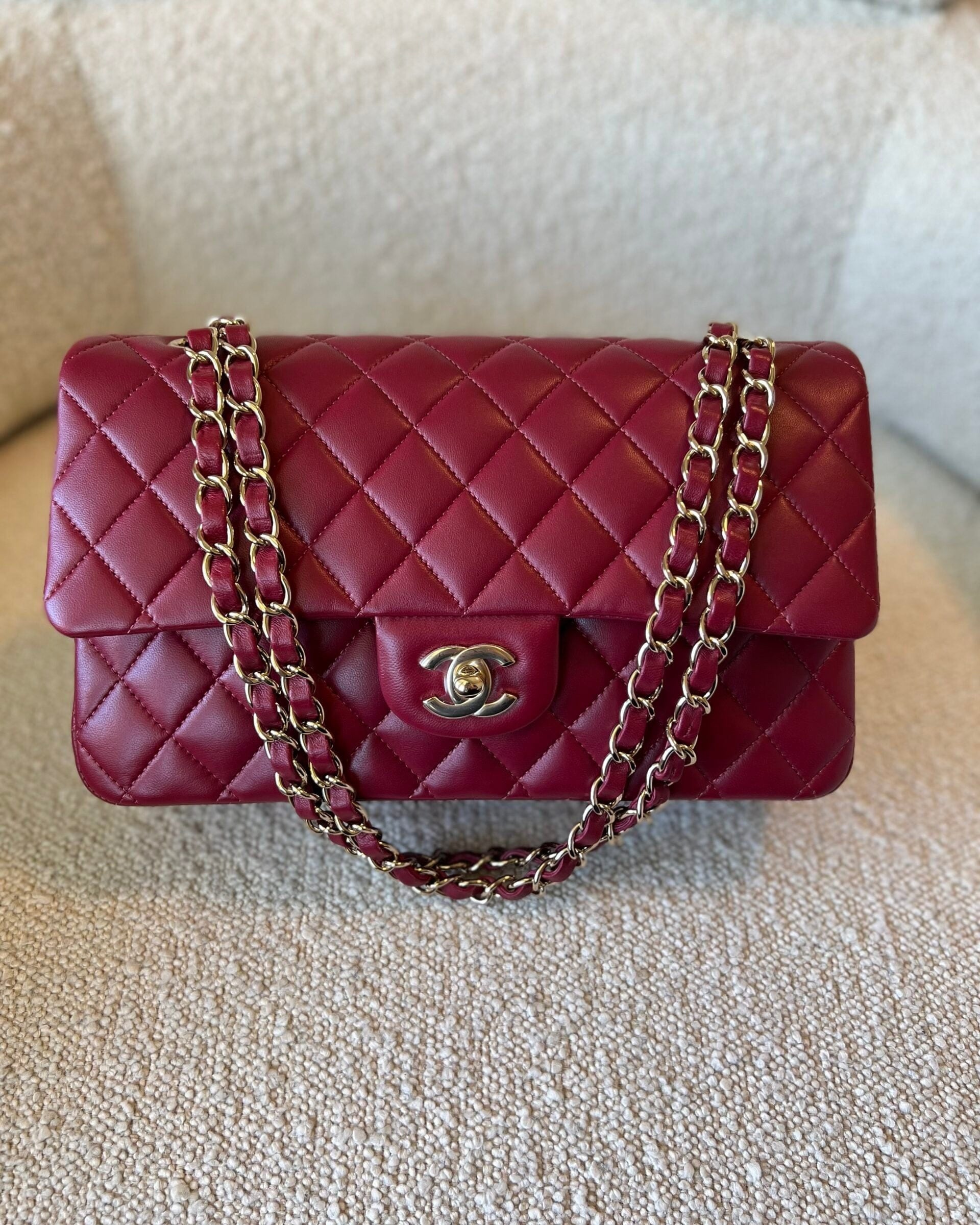 CHANEL Handbag 21A Burgundy Lambskin Quilted Classic Flap Medium LGHW - Redeluxe