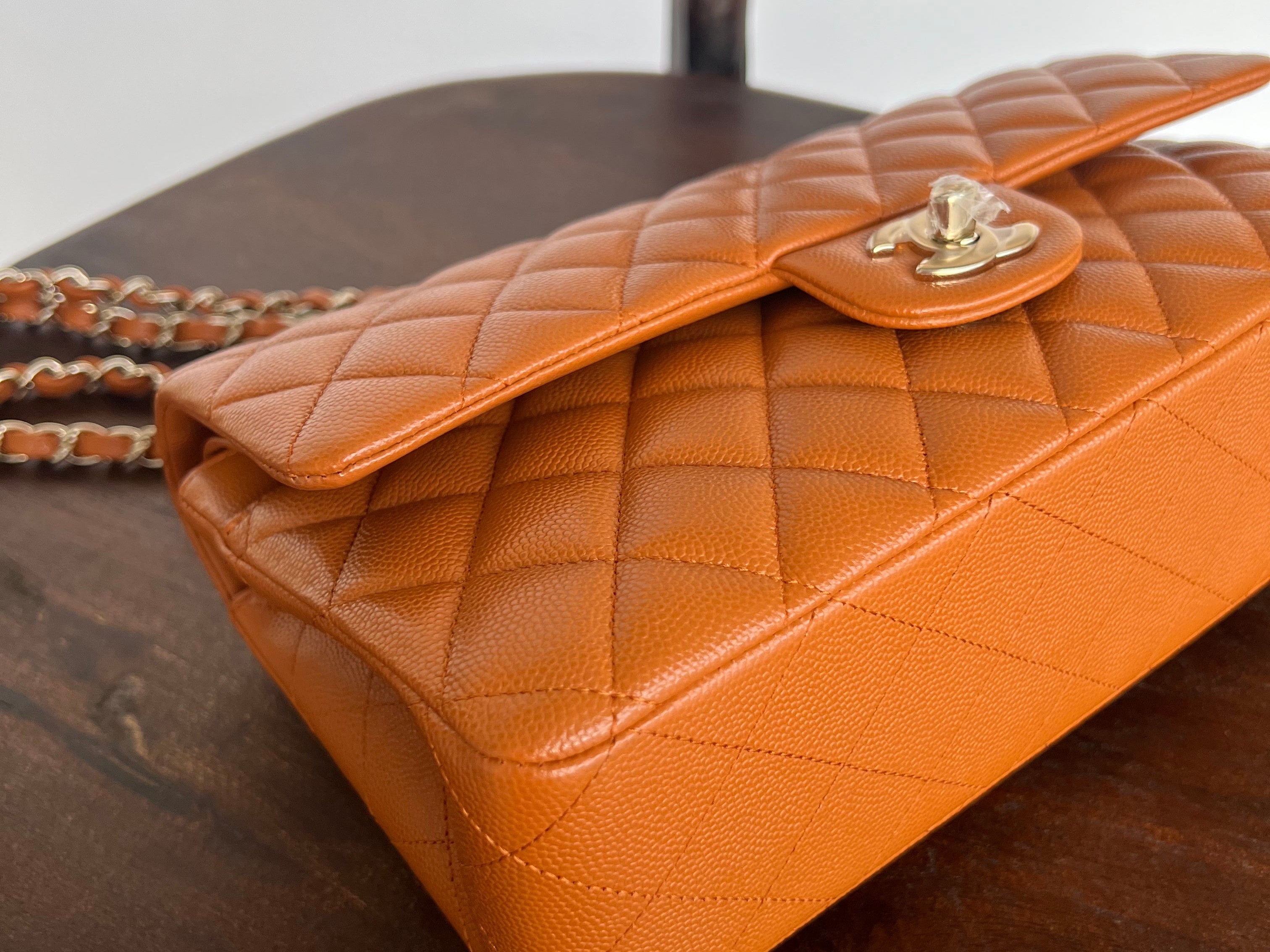 CHANEL Handbag 21A Caramel / Light Brown Caviar Quilted Classic Flap LGHW - Redeluxe