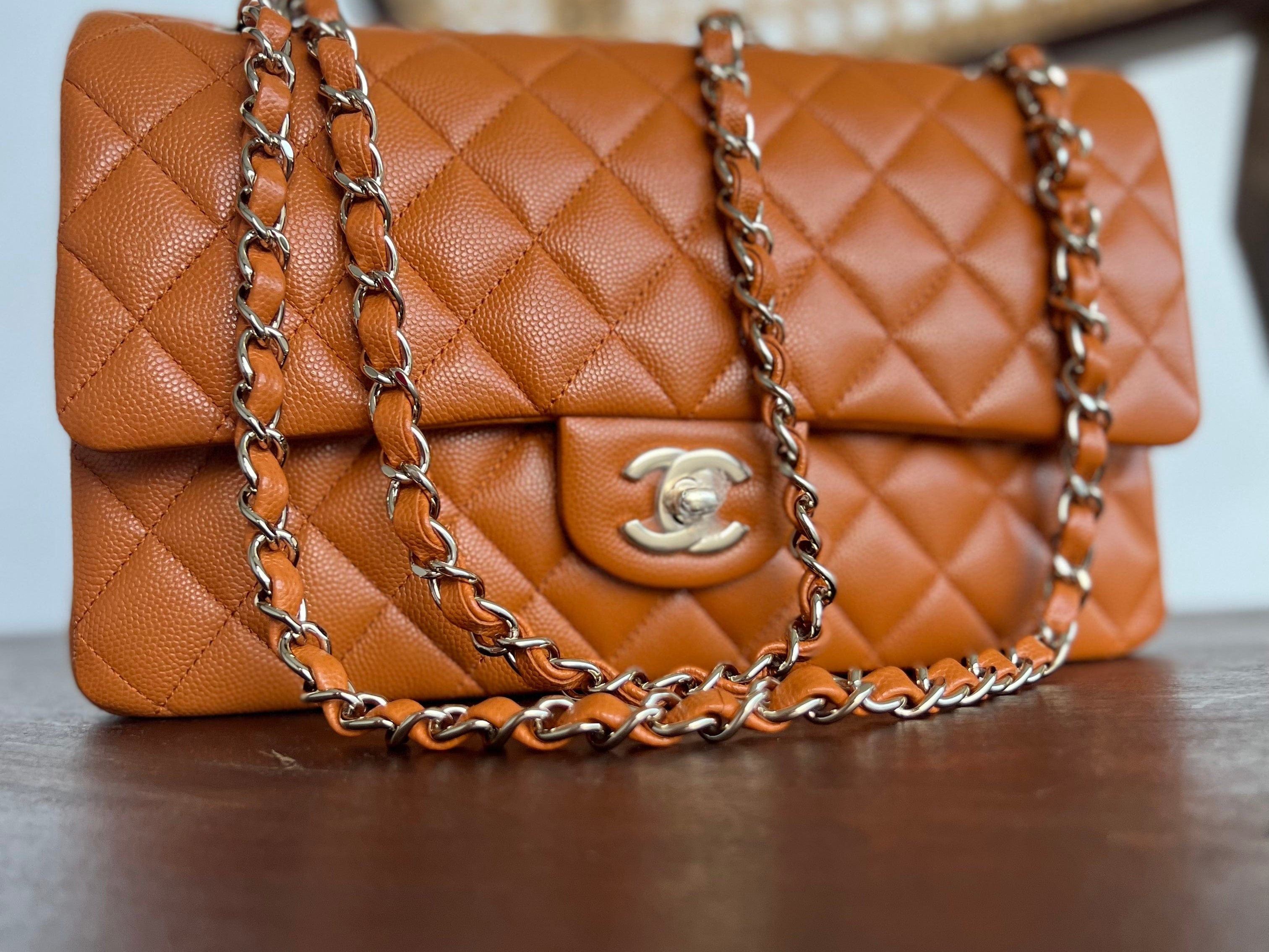 CHANEL Handbag 21A Caramel / Light Brown Caviar Quilted Classic Flap LGHW - Redeluxe
