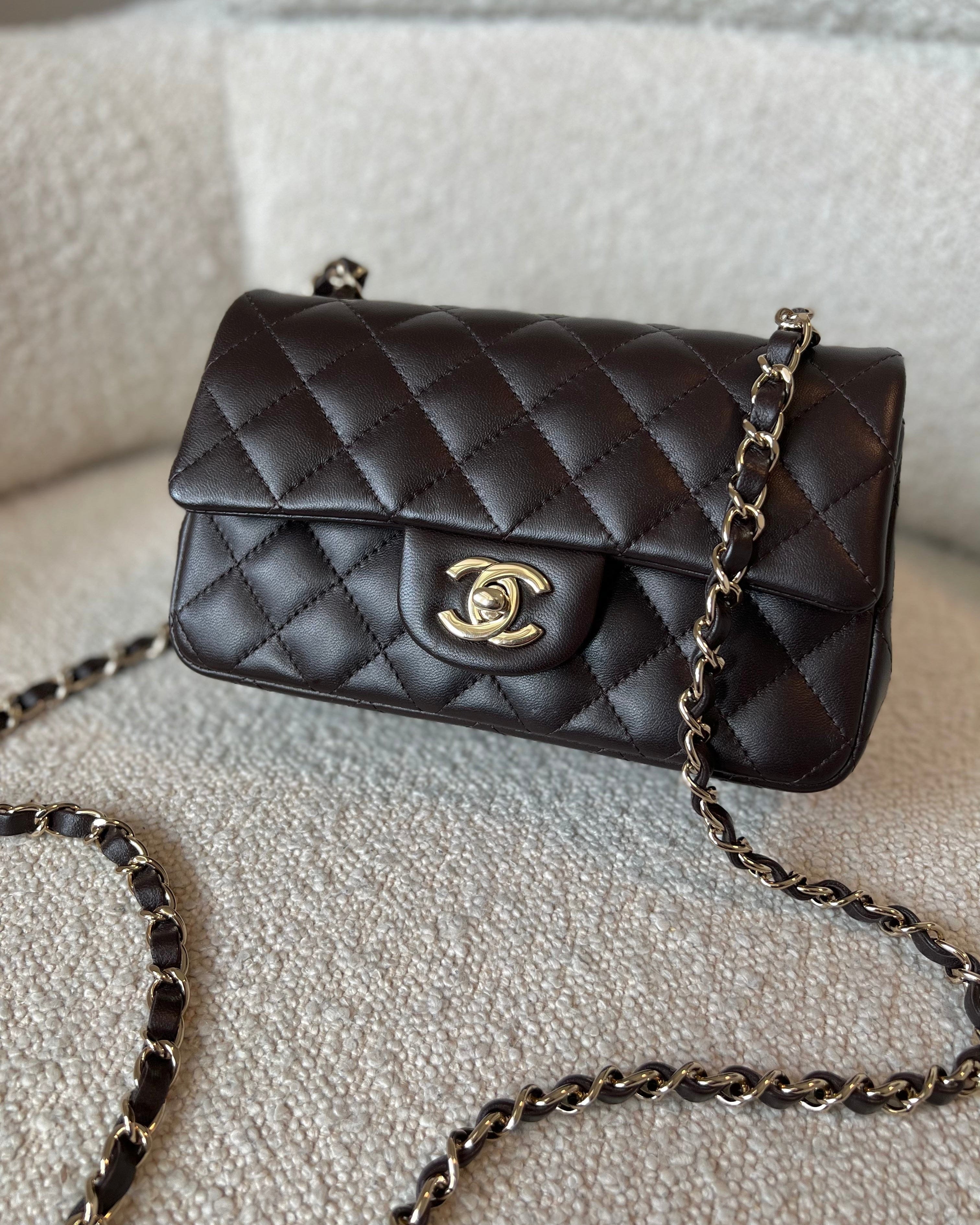 CHANEL Handbag 21A Dark Brown Lambskin Quilted Mini Rectangular Single Flap Light Gold Hardware - Redeluxe