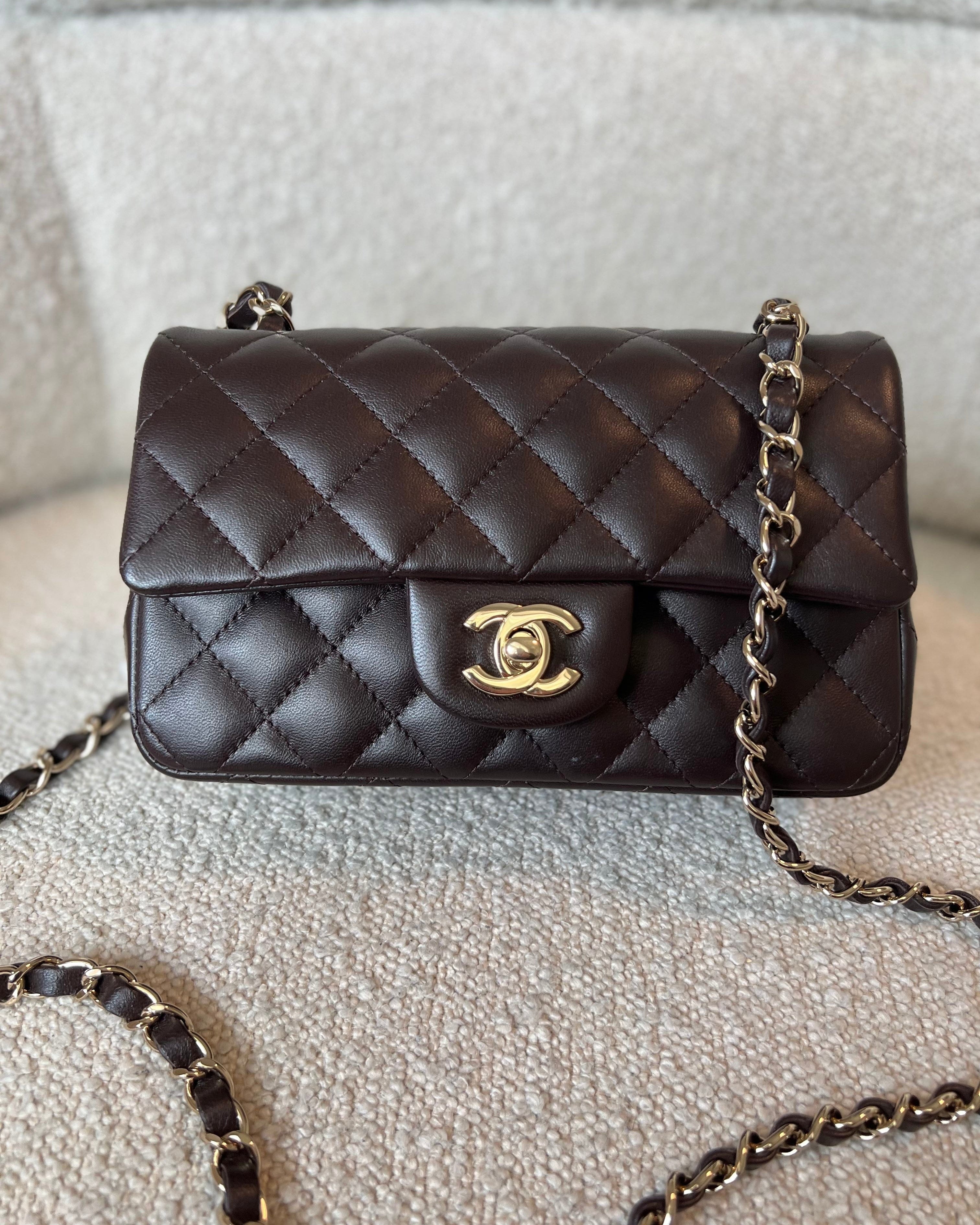 CHANEL Handbag 21A Dark Brown Lambskin Quilted Mini Rectangular Single Flap Light Gold Hardware - Redeluxe