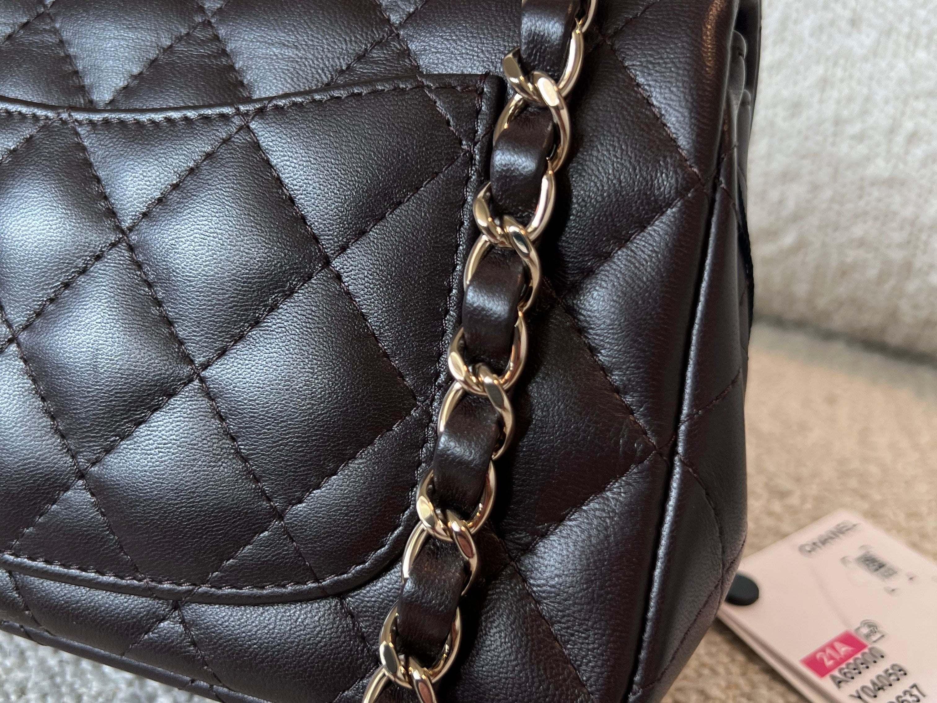 CHANEL Handbag 21A Dark Brown Lambskin Quilted Mini Rectangular Single Flap Light Gold Hardware - Redeluxe