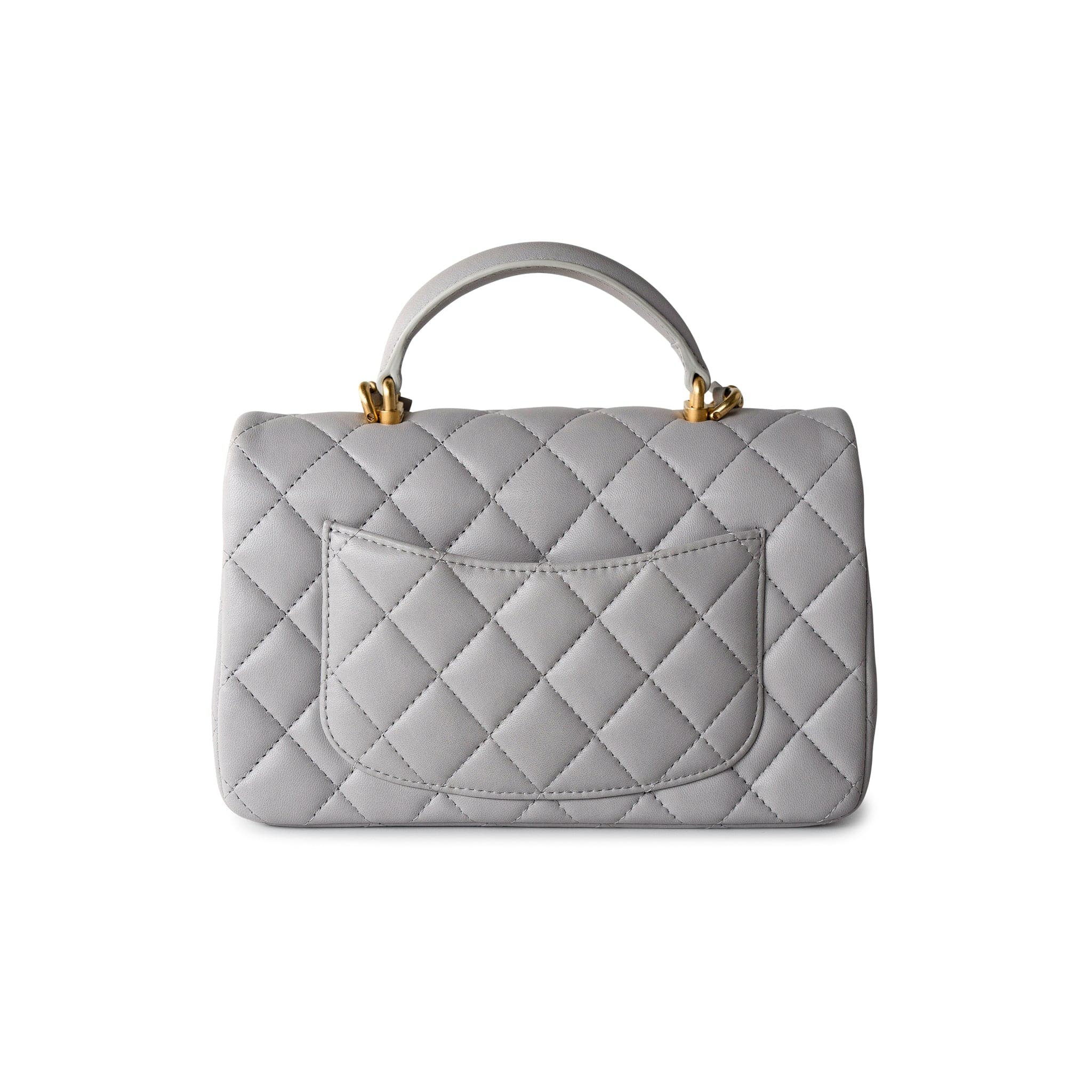 21A Grey Lambskin Quilted Mini Top Handle Antique Gold Hardware
