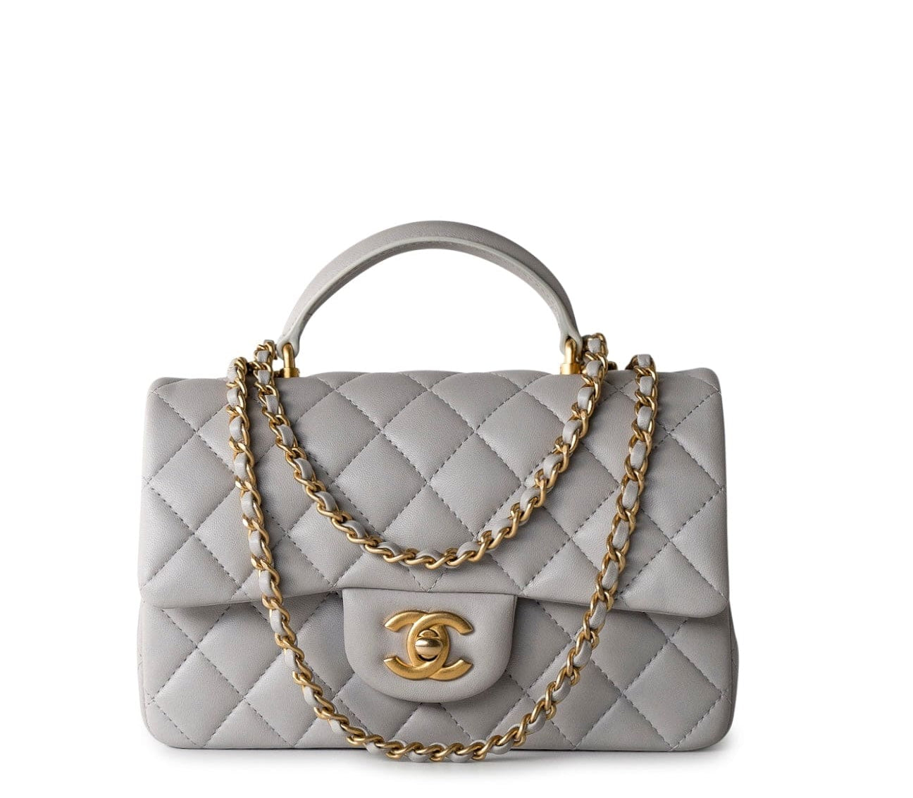 CHANEL Handbag 21A Grey Lambskin Quilted Mini Top Handle Antique Gold Hardware - Redeluxe