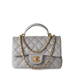 CHANEL Handbag 21A Grey Lambskin Quilted Mini Top Handle Antique Gold Hardware - Redeluxe