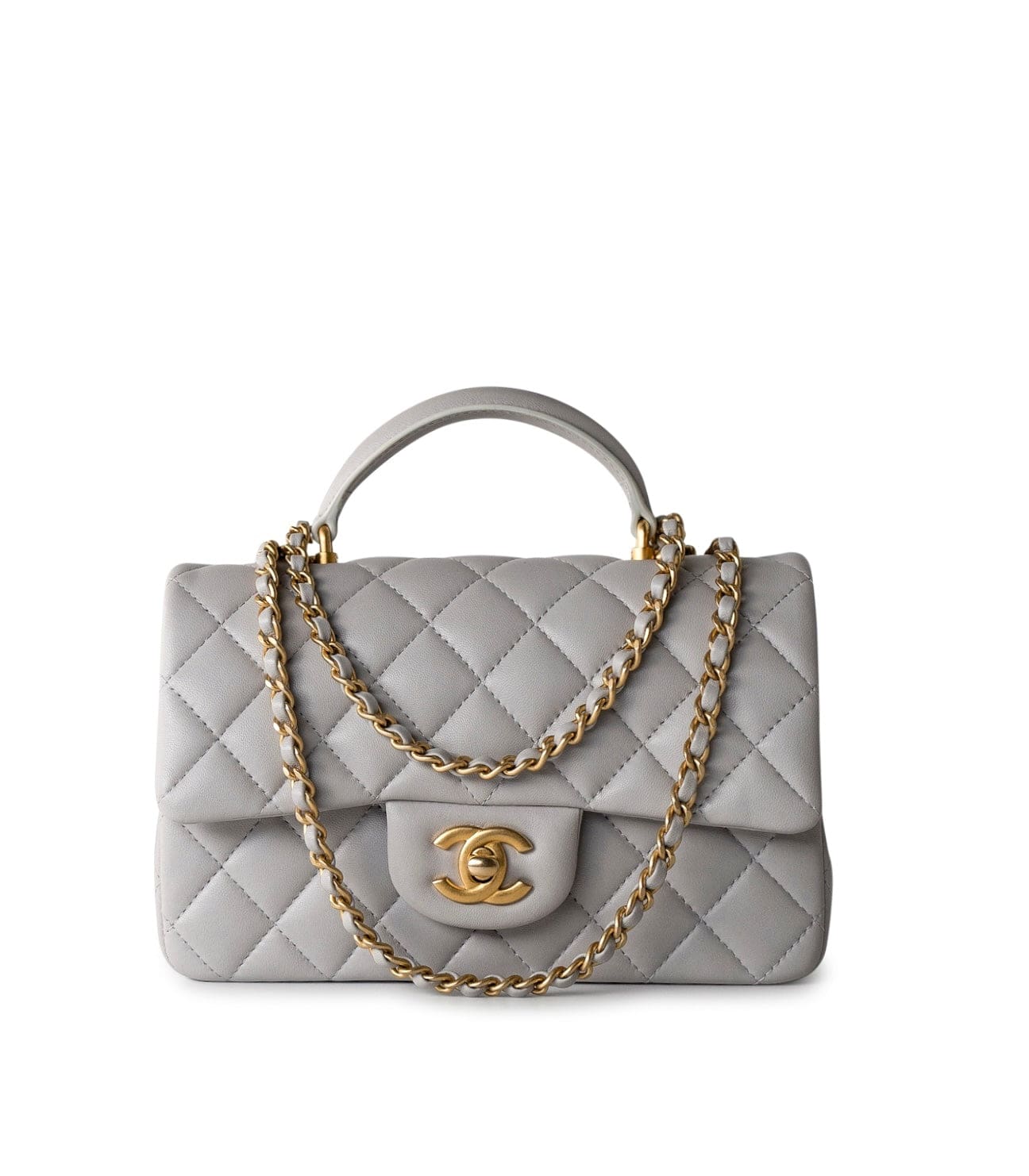 CHANEL Handbag 21A Grey Lambskin Quilted Mini Top Handle Antique Gold Hardware - Redeluxe