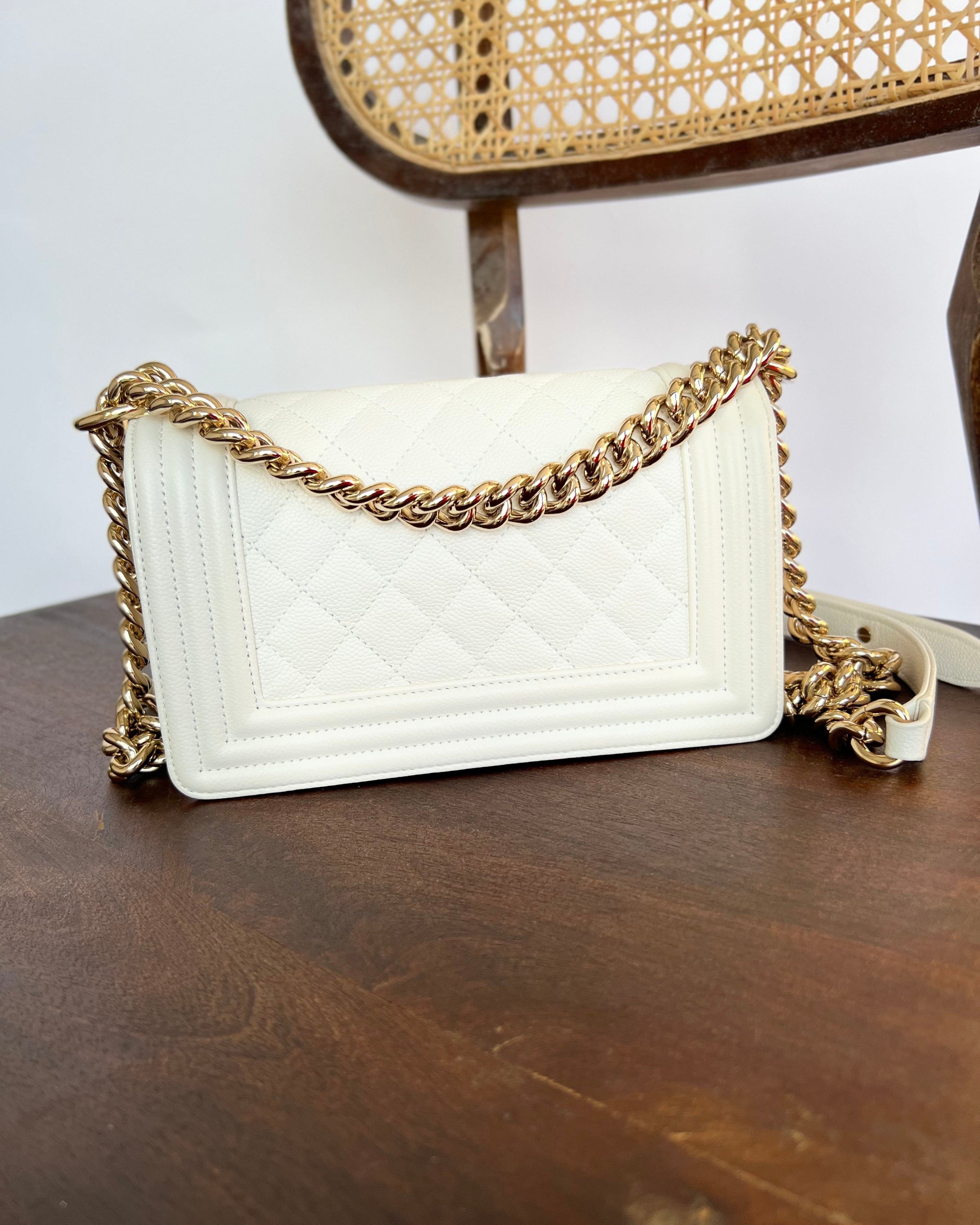 CHANEL Handbag 21A White Caviar Quilted Small Boy Bag LGHW - Redeluxe