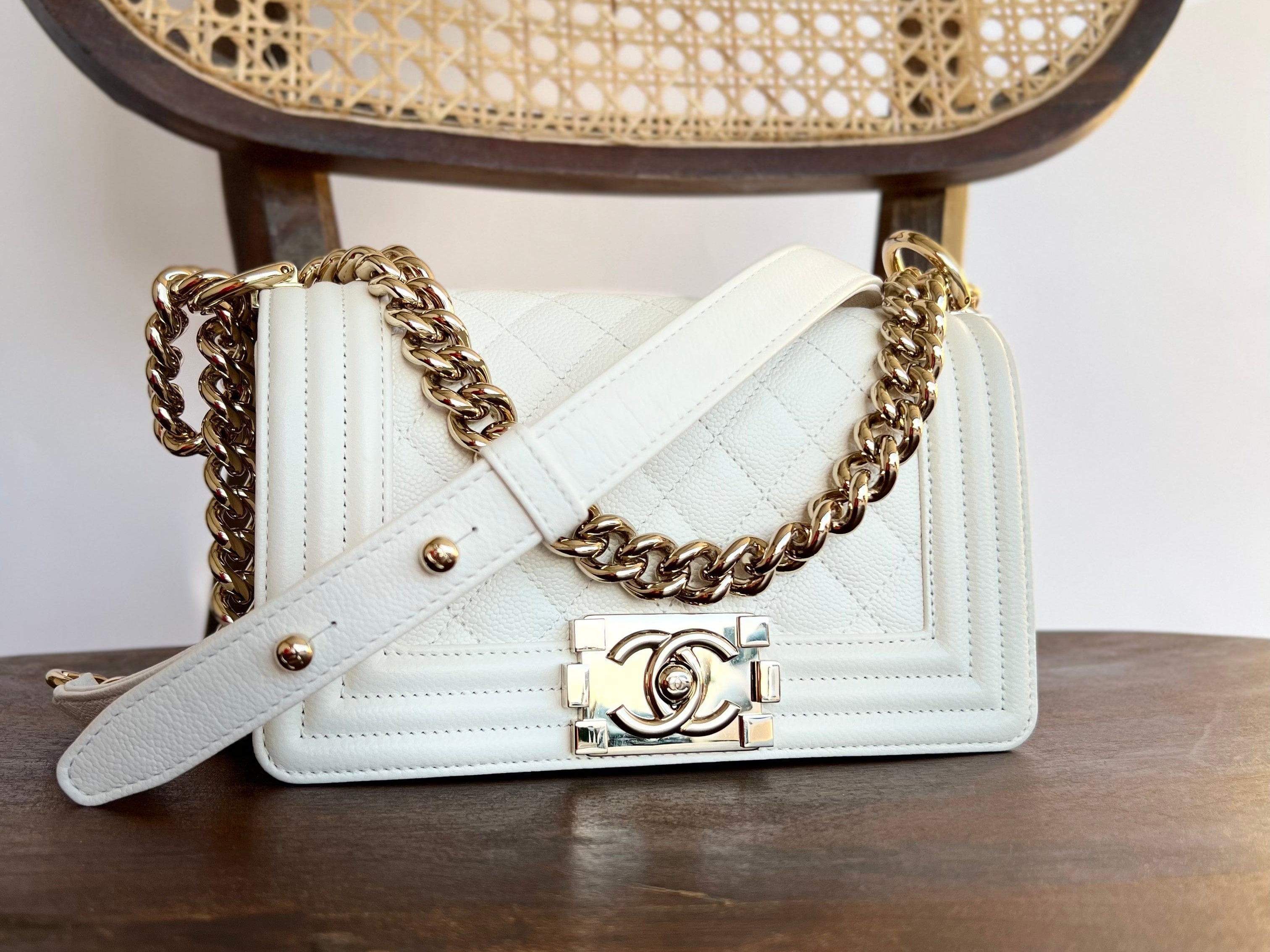 21A White Caviar Quilted Small Boy Bag LGHW REDELUXE