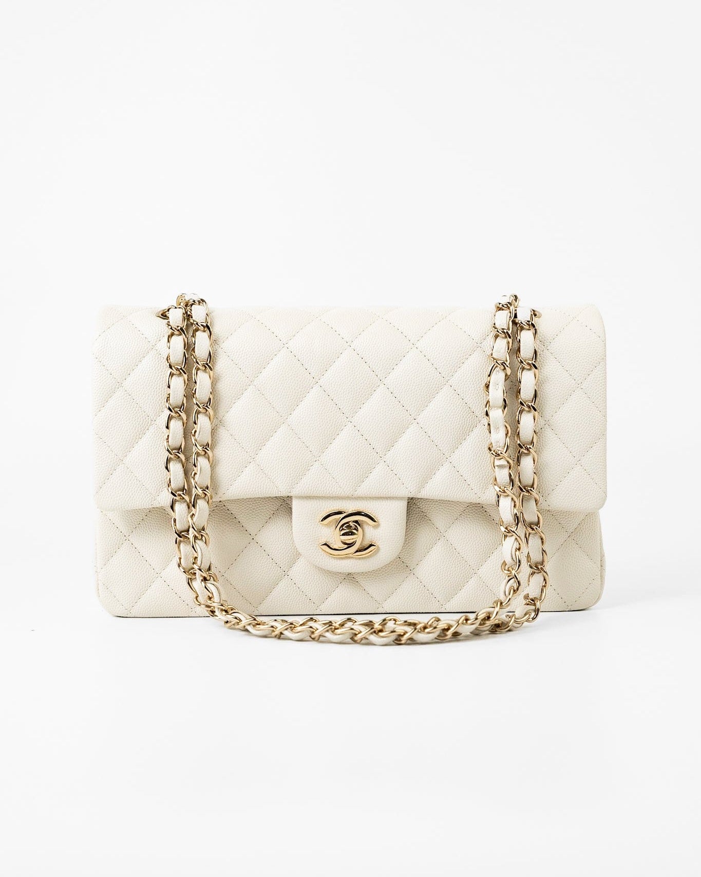 CHANEL Handbag 21A White/ Ivory Caviar Quilted Classic Flap Medium Light Gold Hardware - Redeluxe