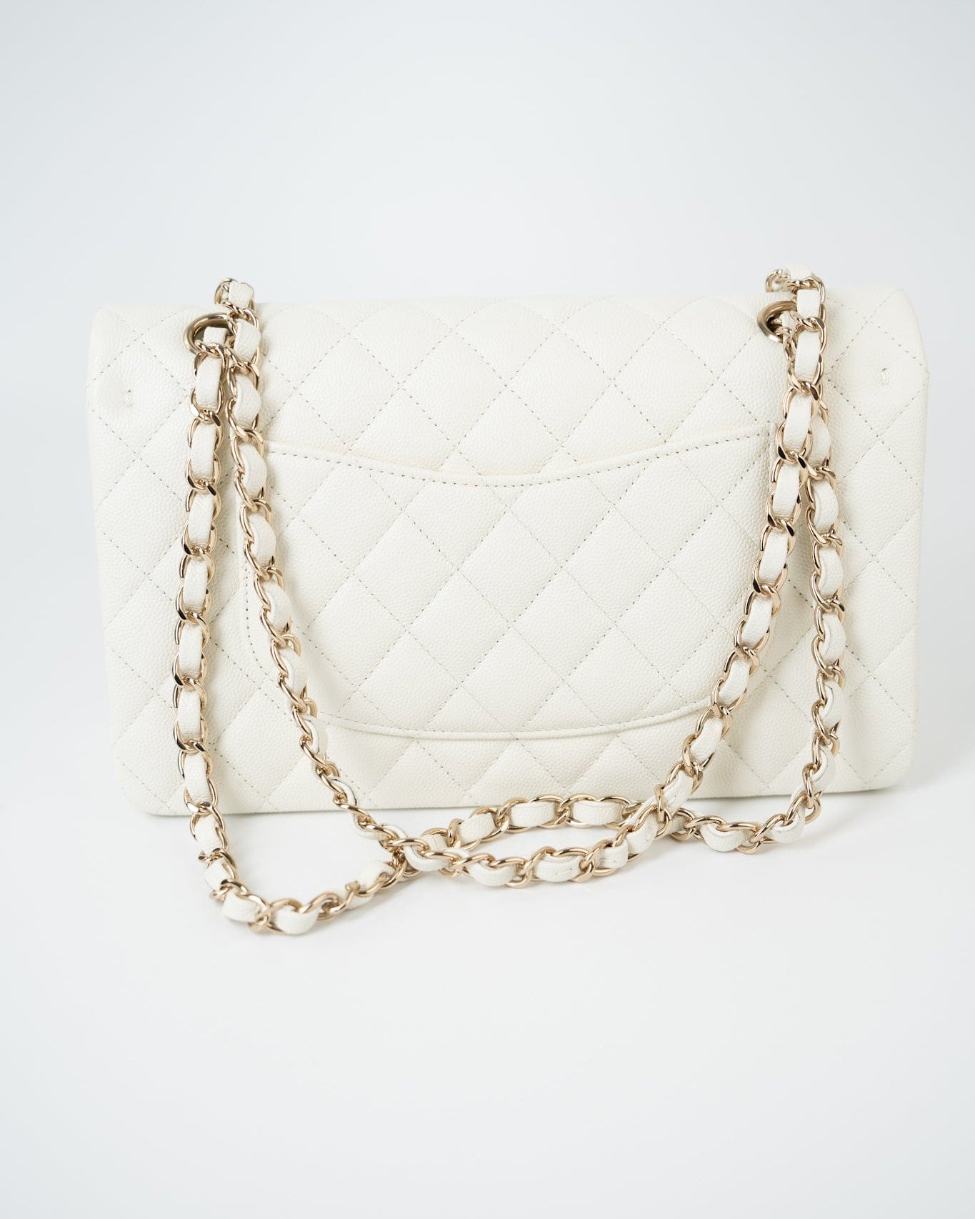 CHANEL Handbag 21A White/ Ivory Caviar Quilted Classic Flap Medium Light Gold Hardware - Redeluxe