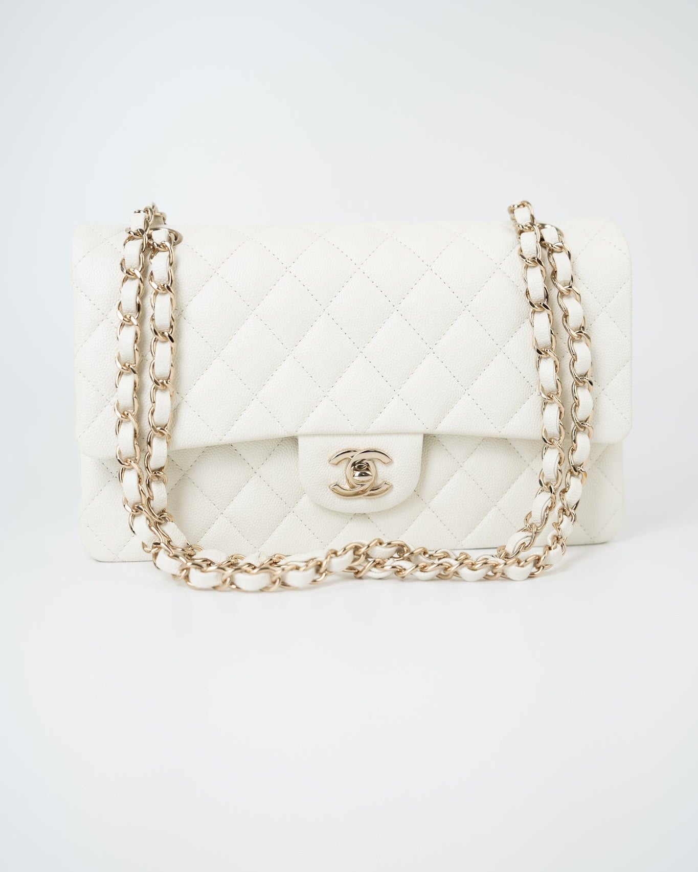 CHANEL Handbag 21A White/ Ivory Caviar Quilted Classic Flap Medium Light Gold Hardware - Redeluxe