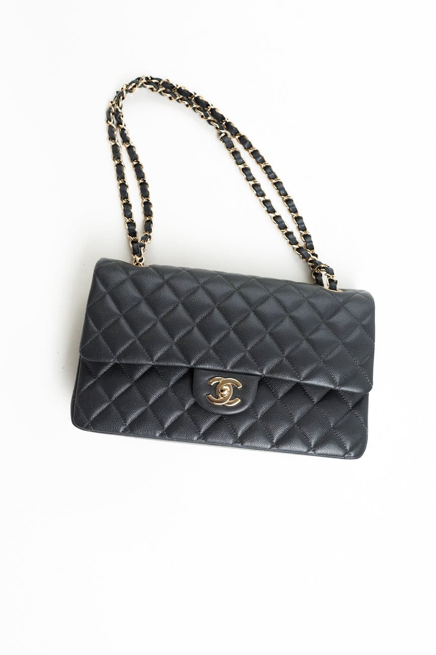 Buy CHANEL 21B Grey Caviar Quilted Classic Flap Medium Light
