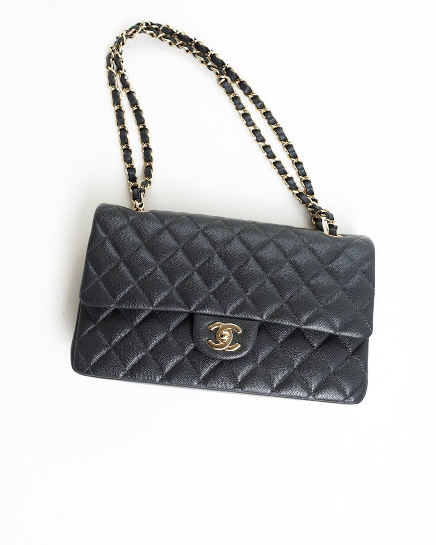 CHANEL Handbag 21B Grey Caviar Quilted Classic Flap Medium Light Gold Hardware - Redeluxe