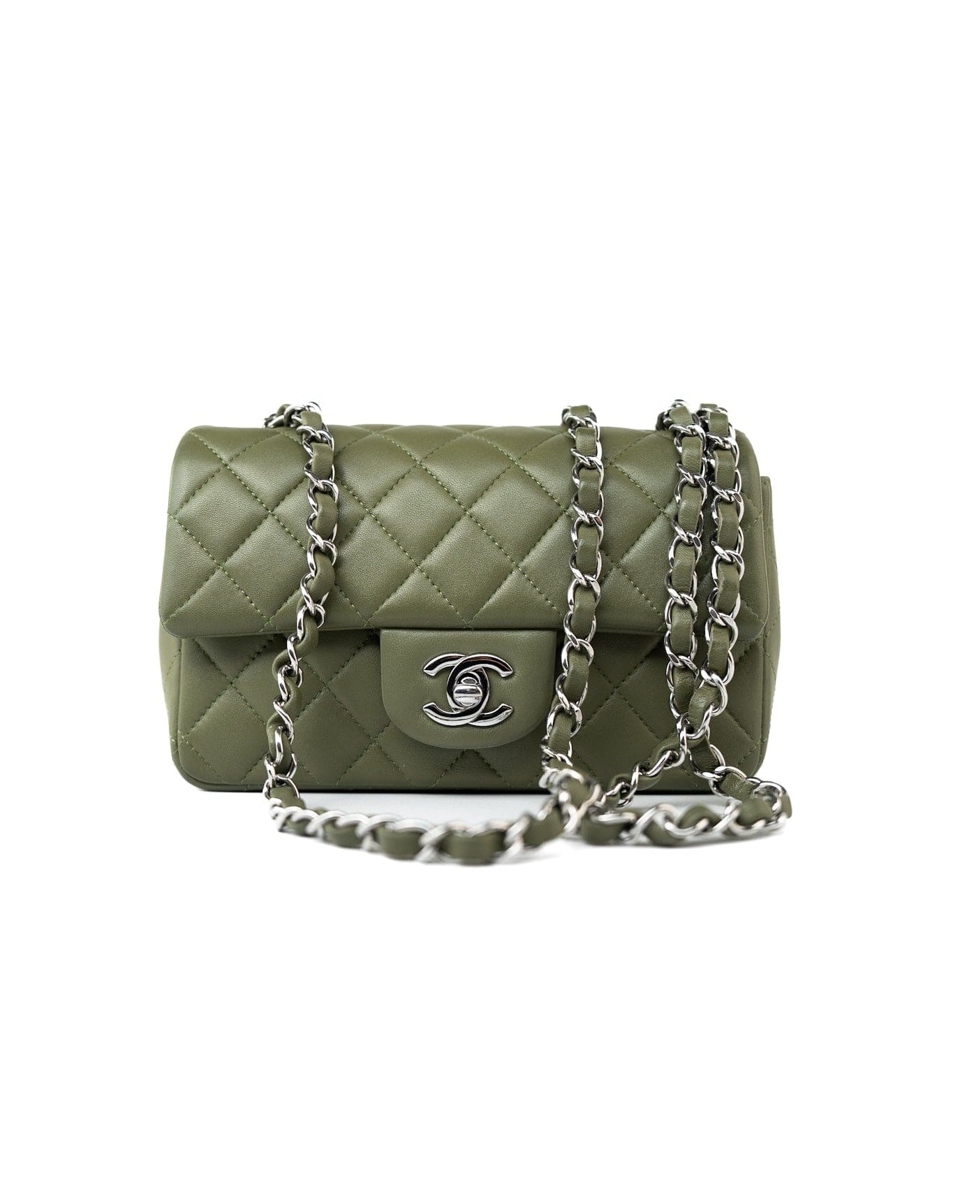 CHANEL Handbag 21B Military Green Lambskin Quilted Mini Rectangular Single Silver Hardware - Redeluxe