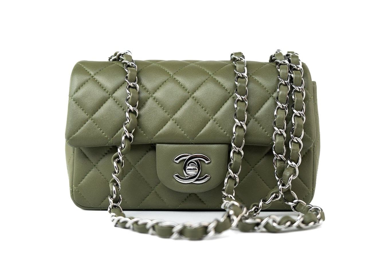 CHANEL Handbag 21B Military Green Lambskin Quilted Mini Rectangular Single Silver Hardware - Redeluxe