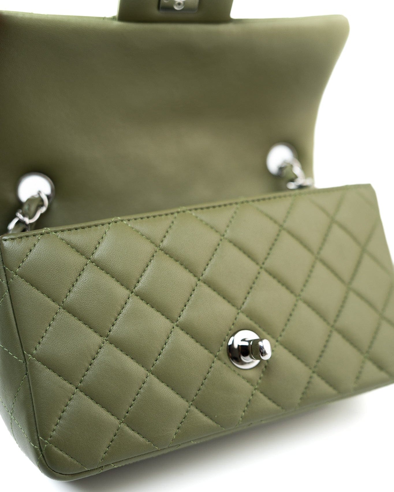 CHANEL Handbag 21B Military Green Lambskin Quilted Mini Rectangular Single Silver Hardware - Redeluxe