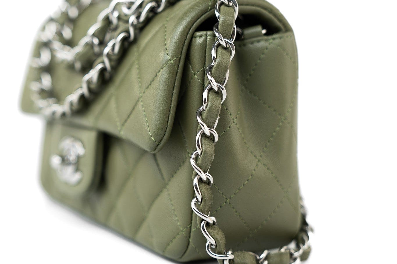 CHANEL Handbag 21B Military Green Lambskin Quilted Mini Rectangular Single Silver Hardware - Redeluxe