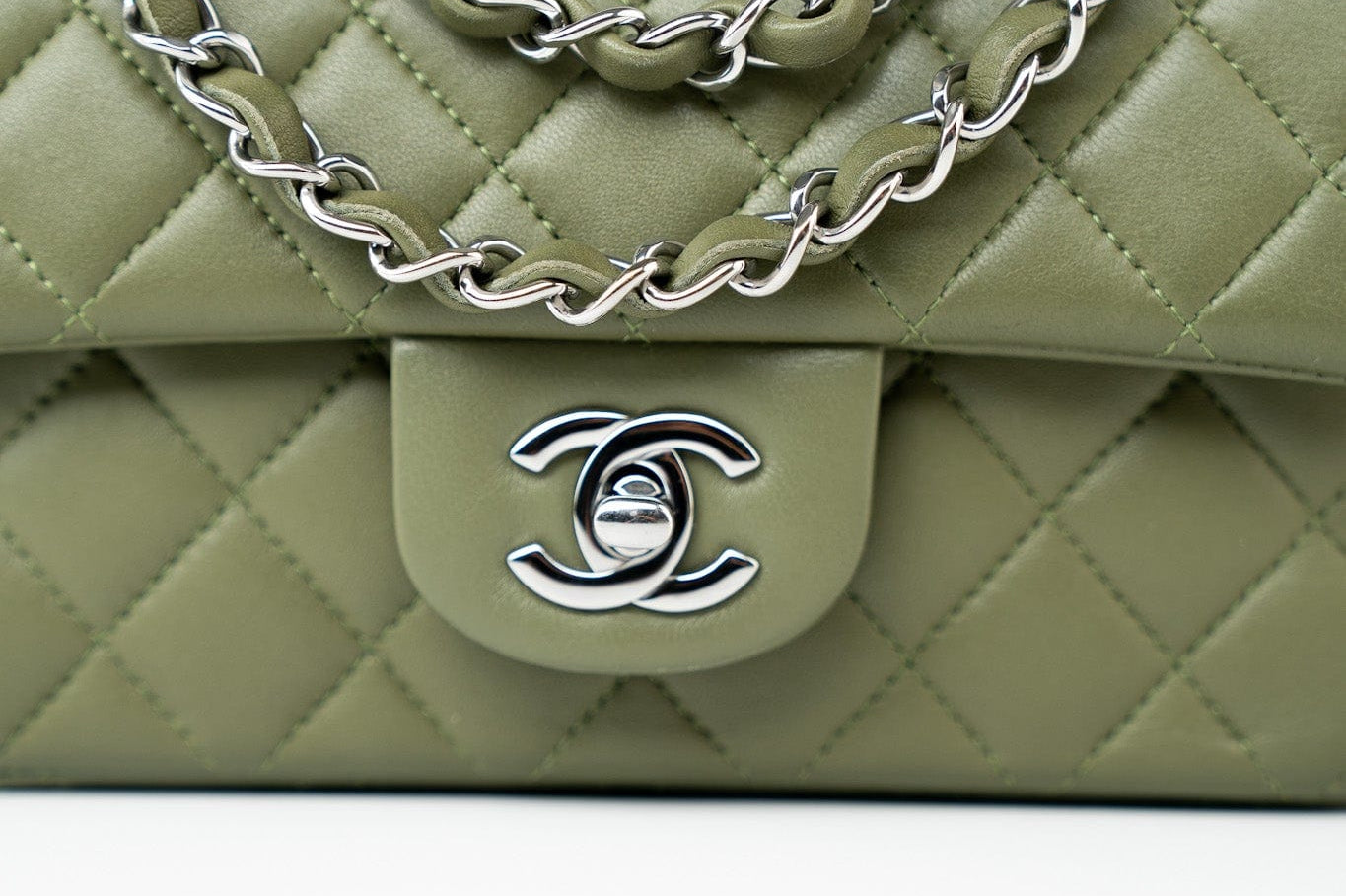 CHANEL Handbag 21B Military Green Lambskin Quilted Mini Rectangular Single Silver Hardware - Redeluxe