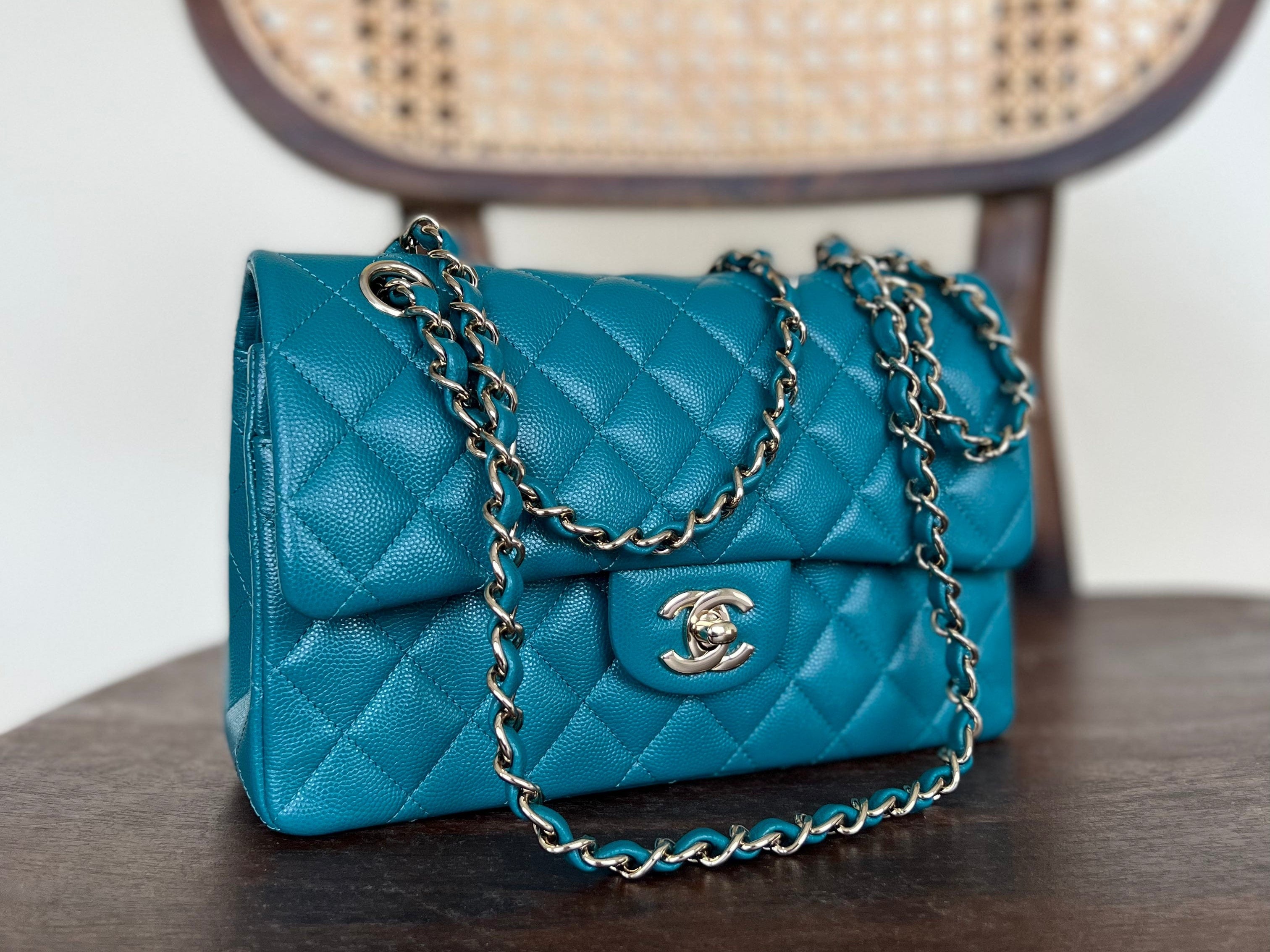 CHANEL Handbag 21C Dark Teal Caviar Quilted Classic Double Flap Small Light Gold Hardware - Redeluxe