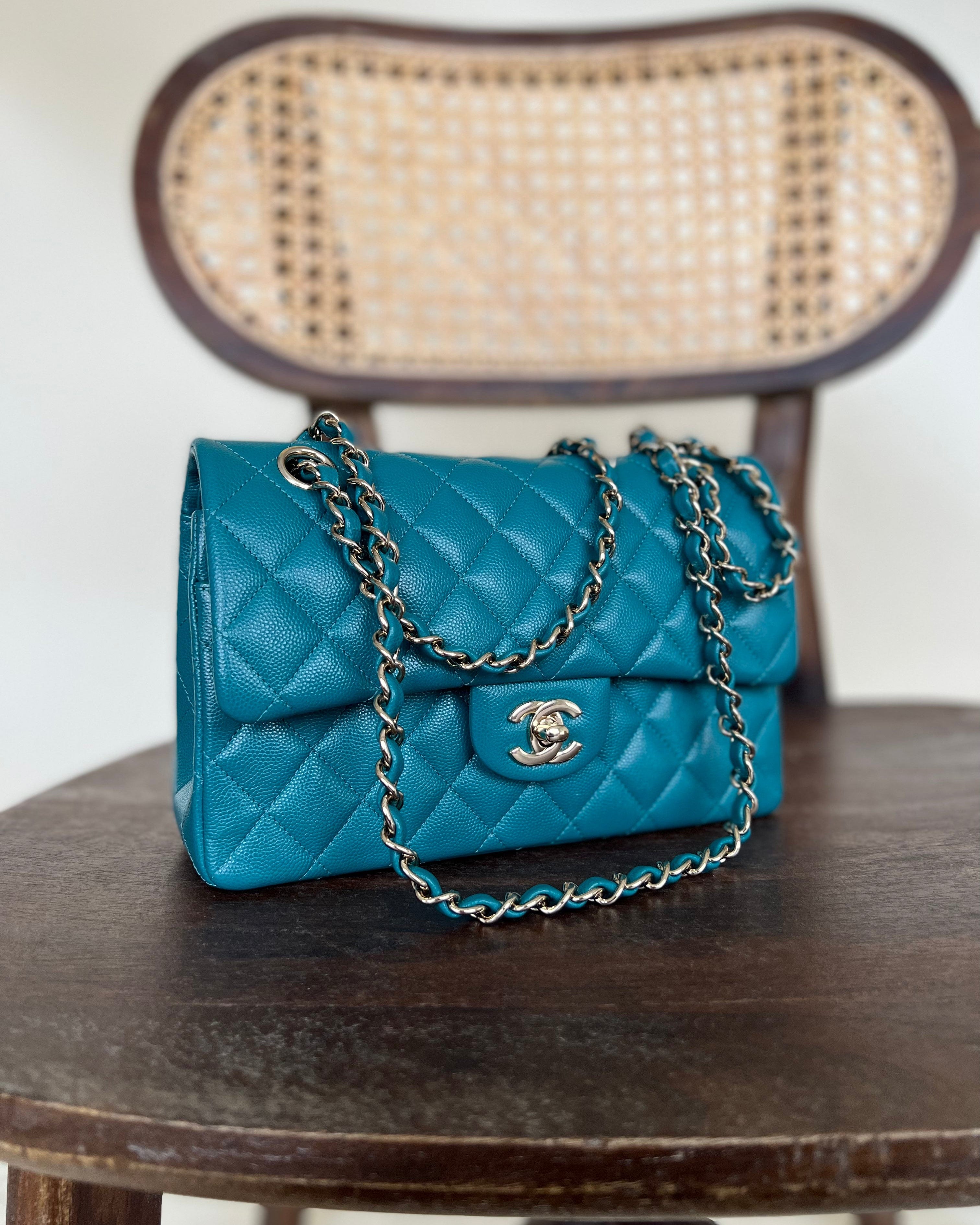 CHANEL Handbag 21C Dark Teal Caviar Quilted Classic Double Flap Small Light Gold Hardware - Redeluxe