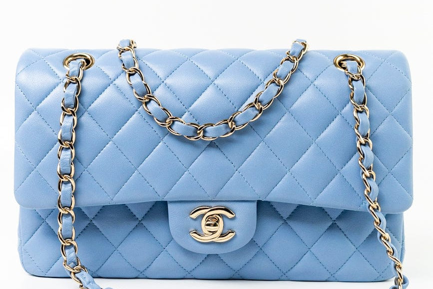 CHANEL Handbag 21C Sky Blue Lambskin Quilted Classic Flap Medium Light Gold Hardware - Redeluxe