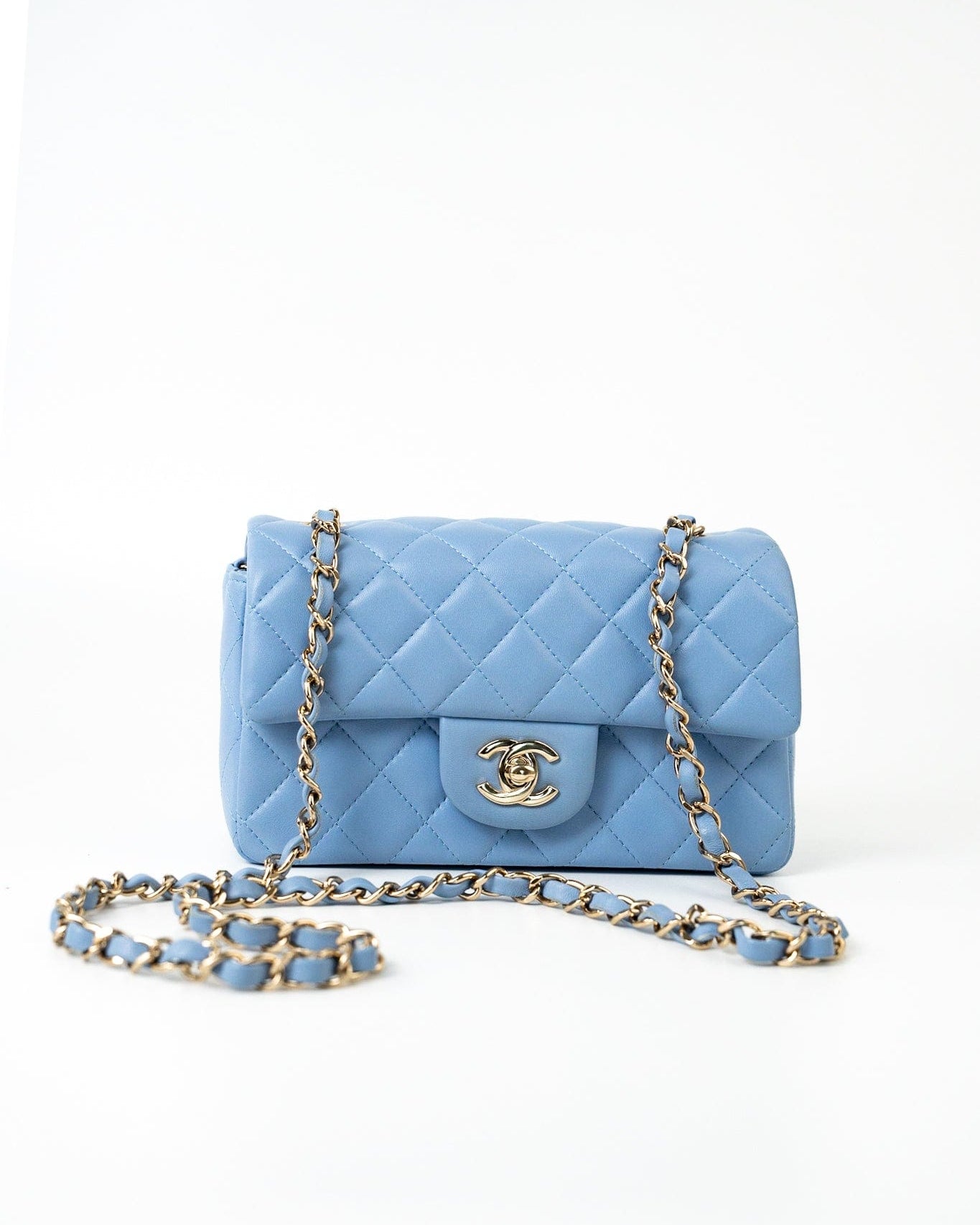 CHANEL Handbag 21C Sky Blue Lambskin Quilted Mini Rectangular Flap Light Gold Hardware - Redeluxe