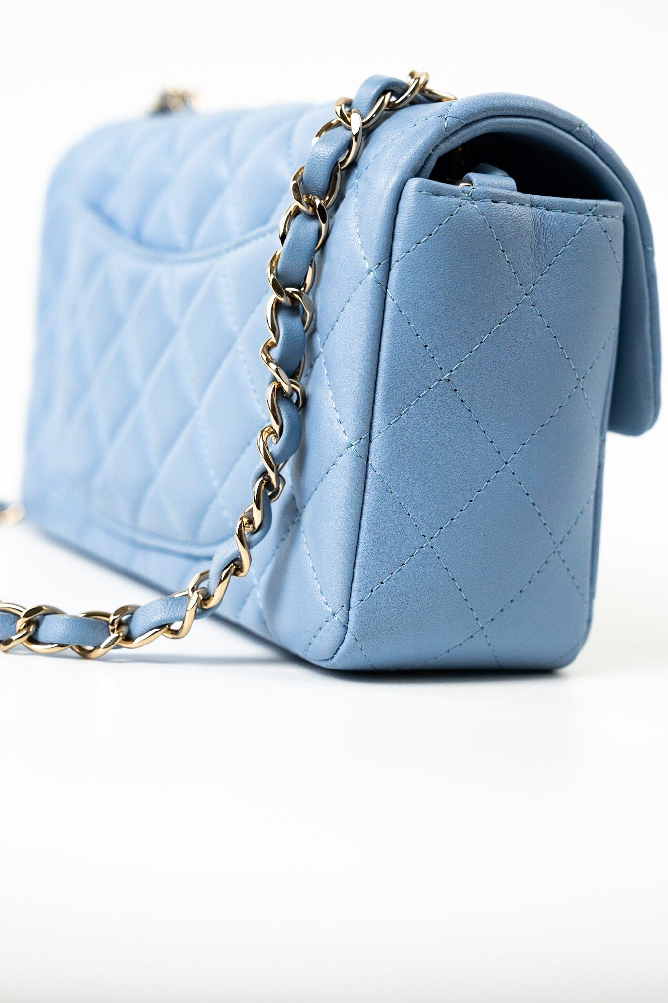 21C Sky Blue Lambskin Quilted Mini Rectangular Flap Light Gold