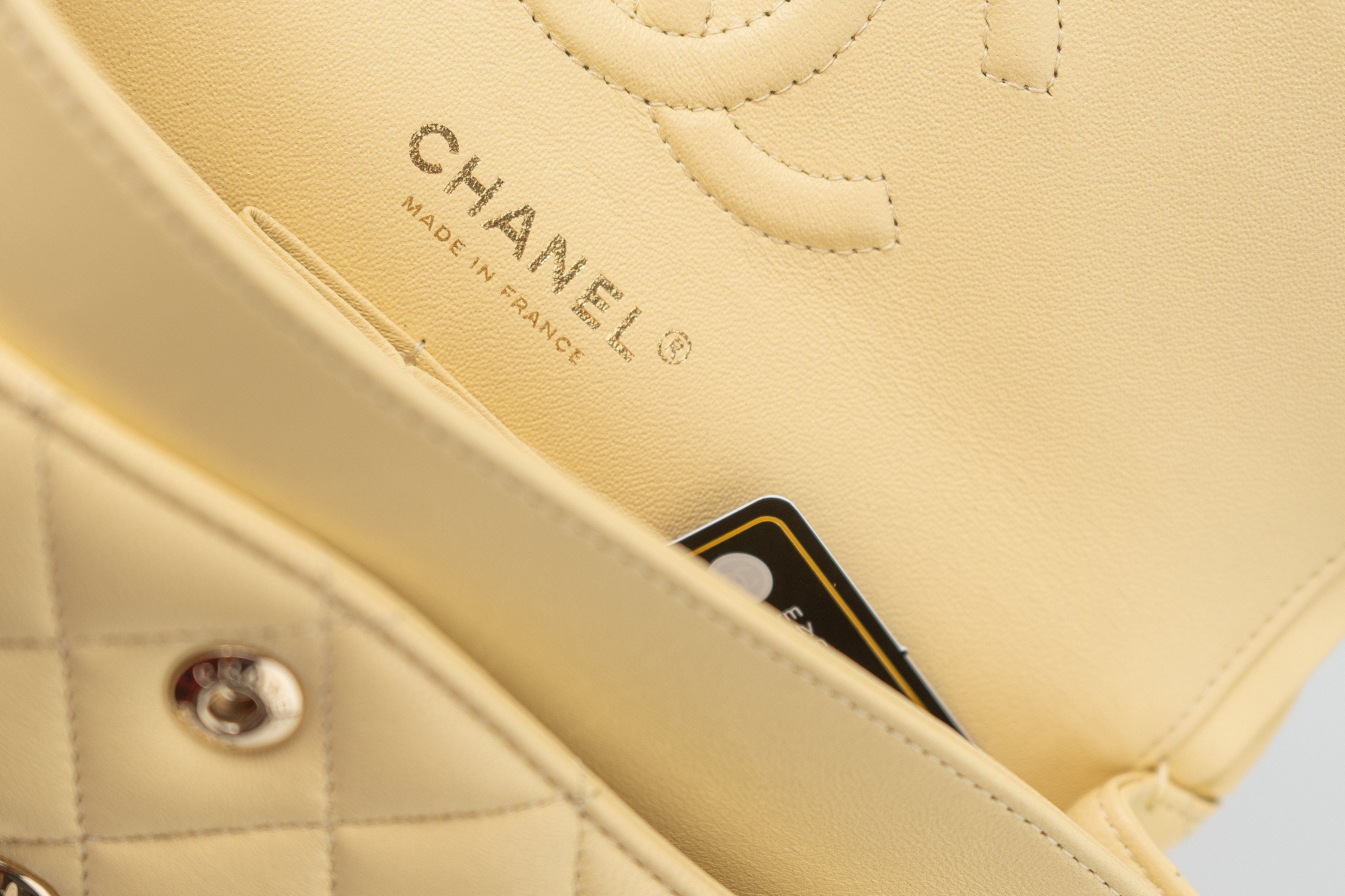 CHANEL Handbag 21C Yellow Lambskin Quilted Classic Flap Small Light Gold Hardware - Redeluxe
