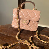 CHANEL Handbag 21K Beige Micro Lambskin Quilted Top Handle Flap Coin Purse with Chain - Redeluxe
