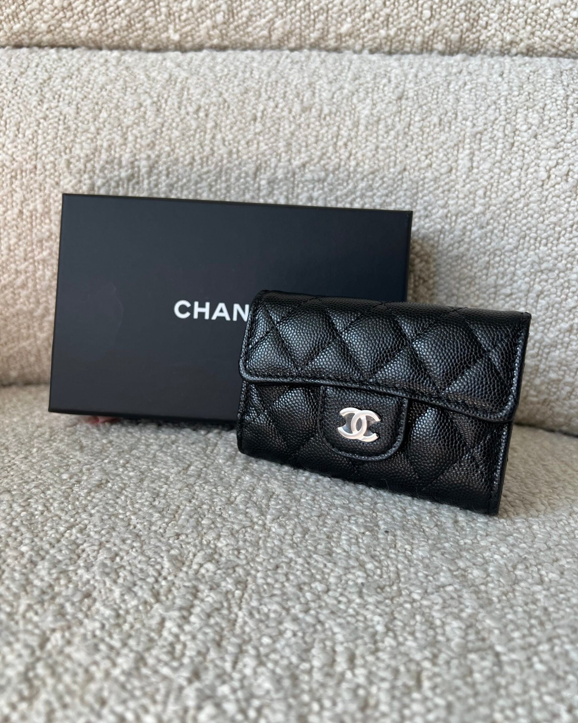 CHANEL Handbag 21K Black Caviar Quilted Key Holder Wallet Silver Hardware - Redeluxe